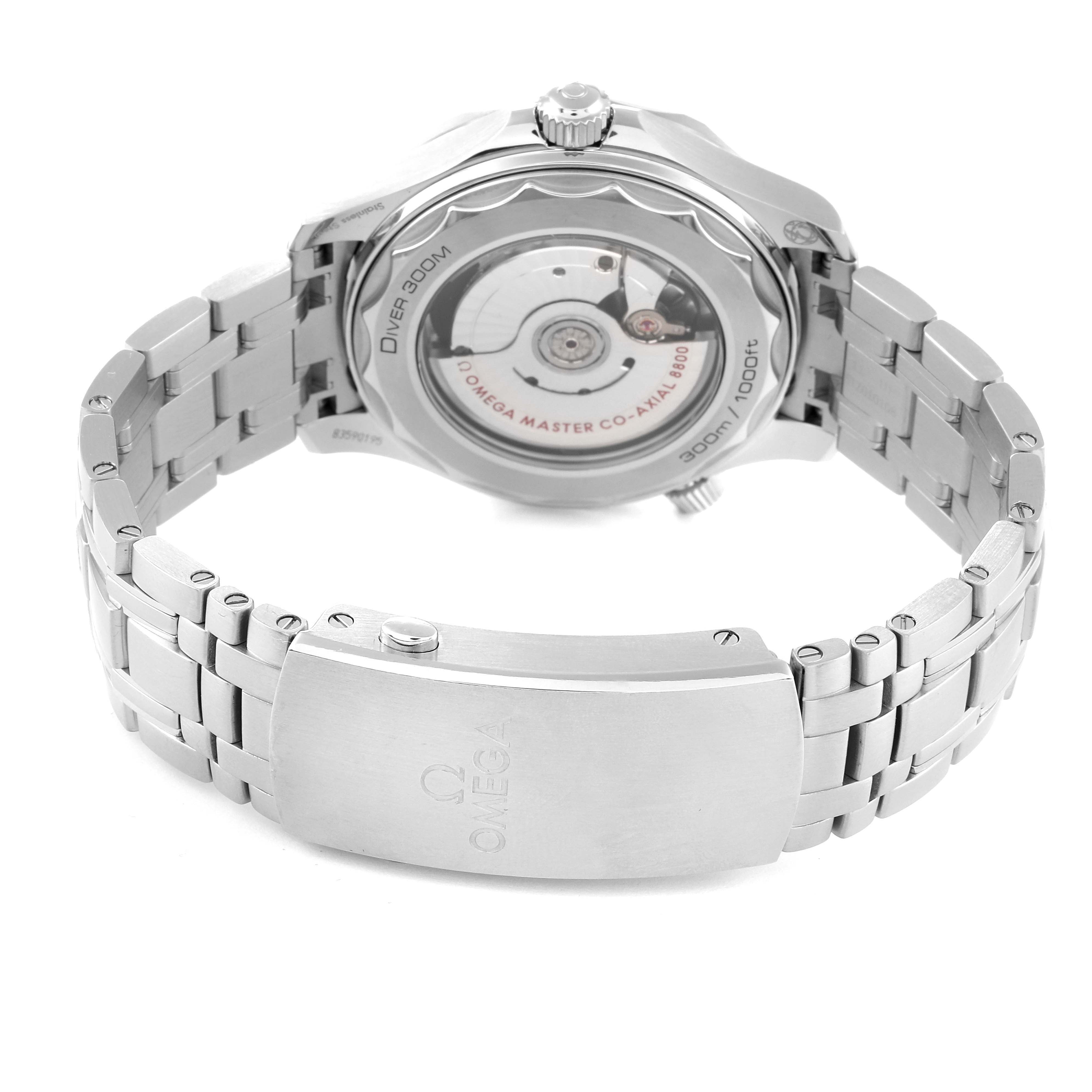 The image shows the back of the Omega Seamaster 210.30.42.20.04.001 Men's Stainless Steel White Dial 210.30.42.20.04.001 Men's Stainless Steel White Dial watch, highlighting its metal bracelet and the transparent caseback.