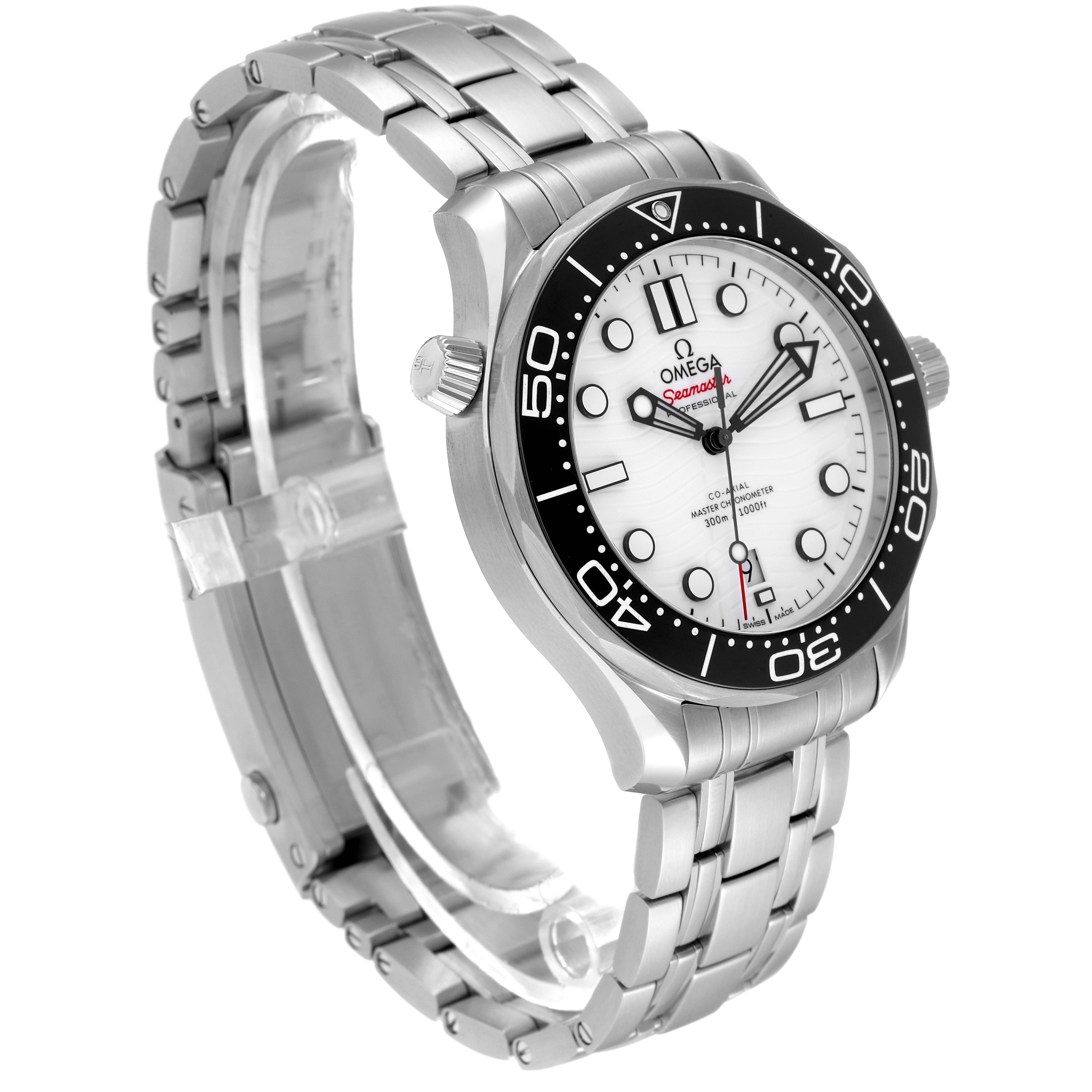 The image shows an angled view of the Omega Seamaster 210.30.42.20.04.001 Men's Stainless Steel White Dial 210.30.42.20.04.001 Men's Stainless Steel White Dial watch, showcasing its face, bezel, and stainless steel bracelet.