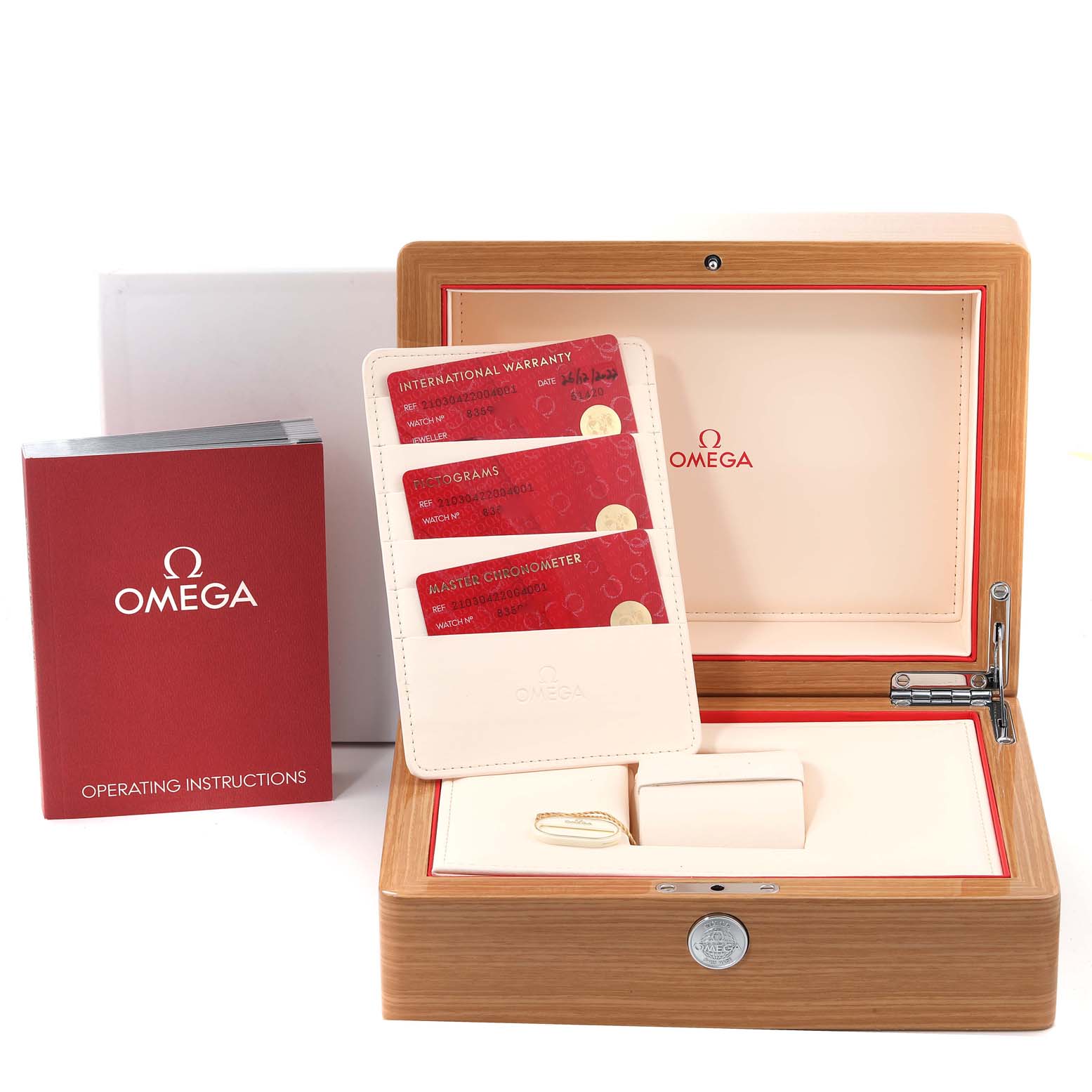 The image shows the packaging, warranty cards, operating instructions, and box for an Omega Seamaster 210.30.42.20.04.001 Men's Stainless Steel White Dial 210.30.42.20.04.001 Men's Stainless Steel White Dial watch, viewed from the front.