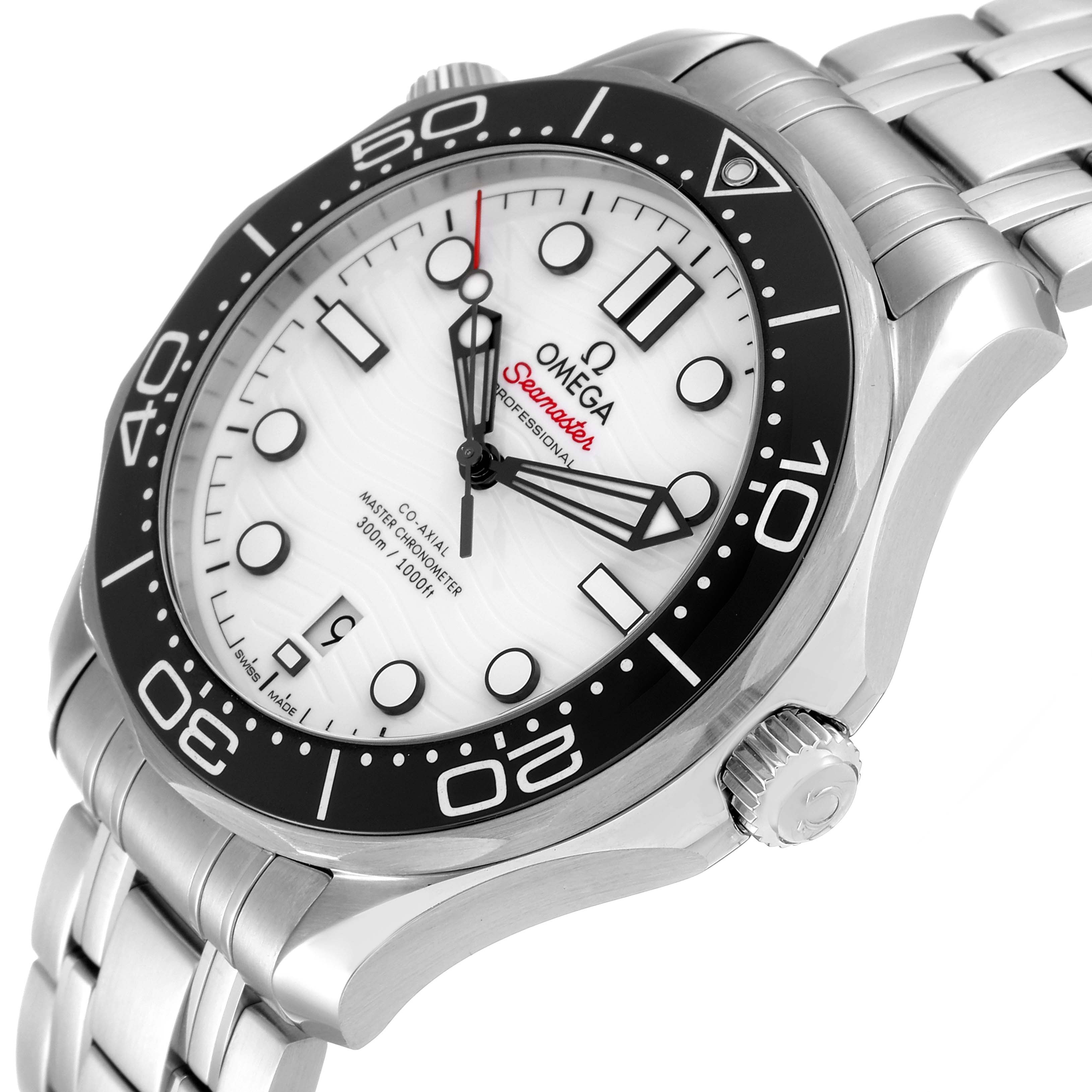 This image shows the Omega Seamaster 210.30.42.20.04.001 Men's Stainless Steel White Dial 210.30.42.20.04.001 Men's Stainless Steel White Dial watch from an angled side view, highlighting its dial, bezel, crown, and part of the bracelet.