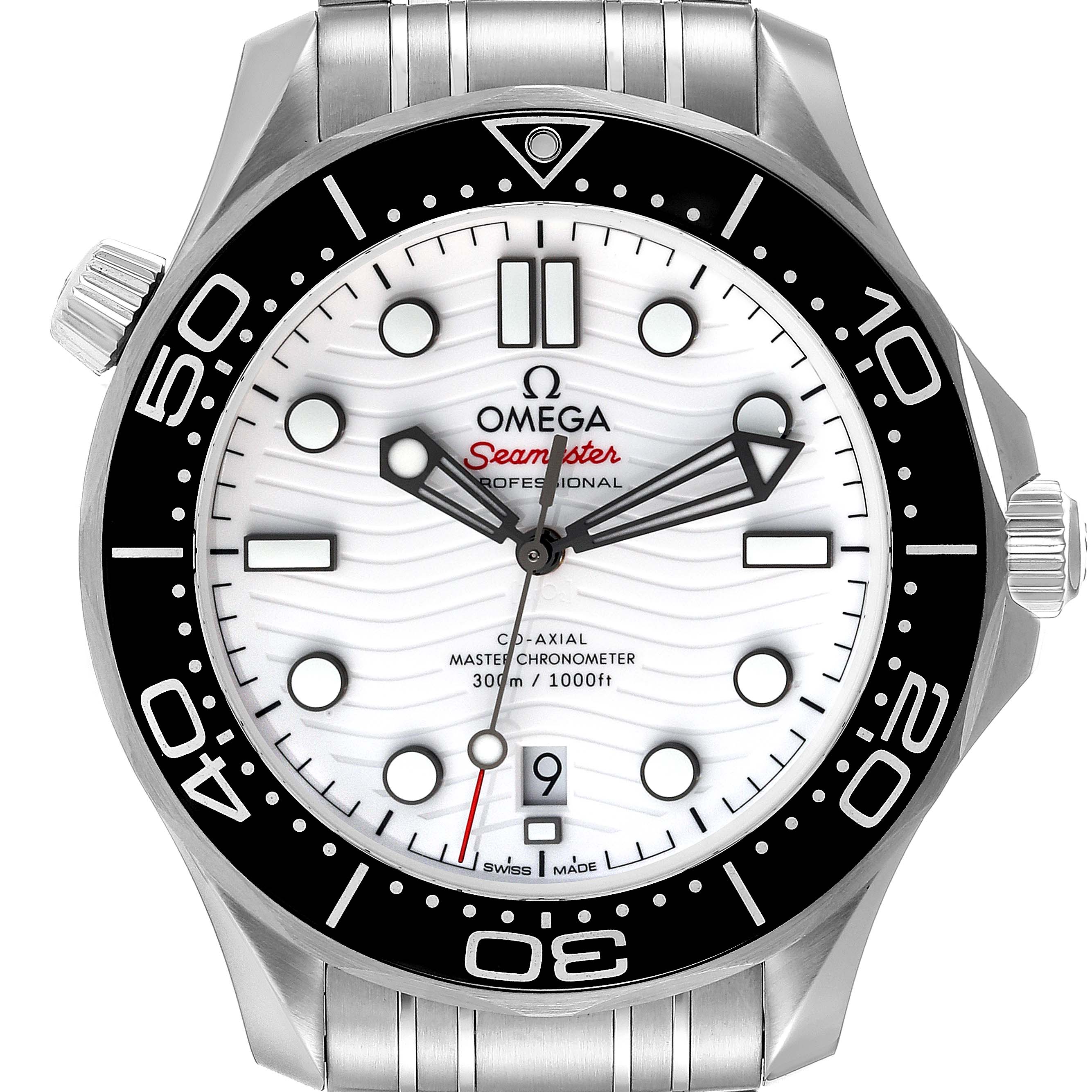 The Omega Seamaster 210.30.42.20.04.001 Men's Stainless Steel White Dial 210.30.42.20.04.001 Men's Stainless Steel White Dial watch is shown from a front angle, highlighting the dial, bezel, and partial bracelet.