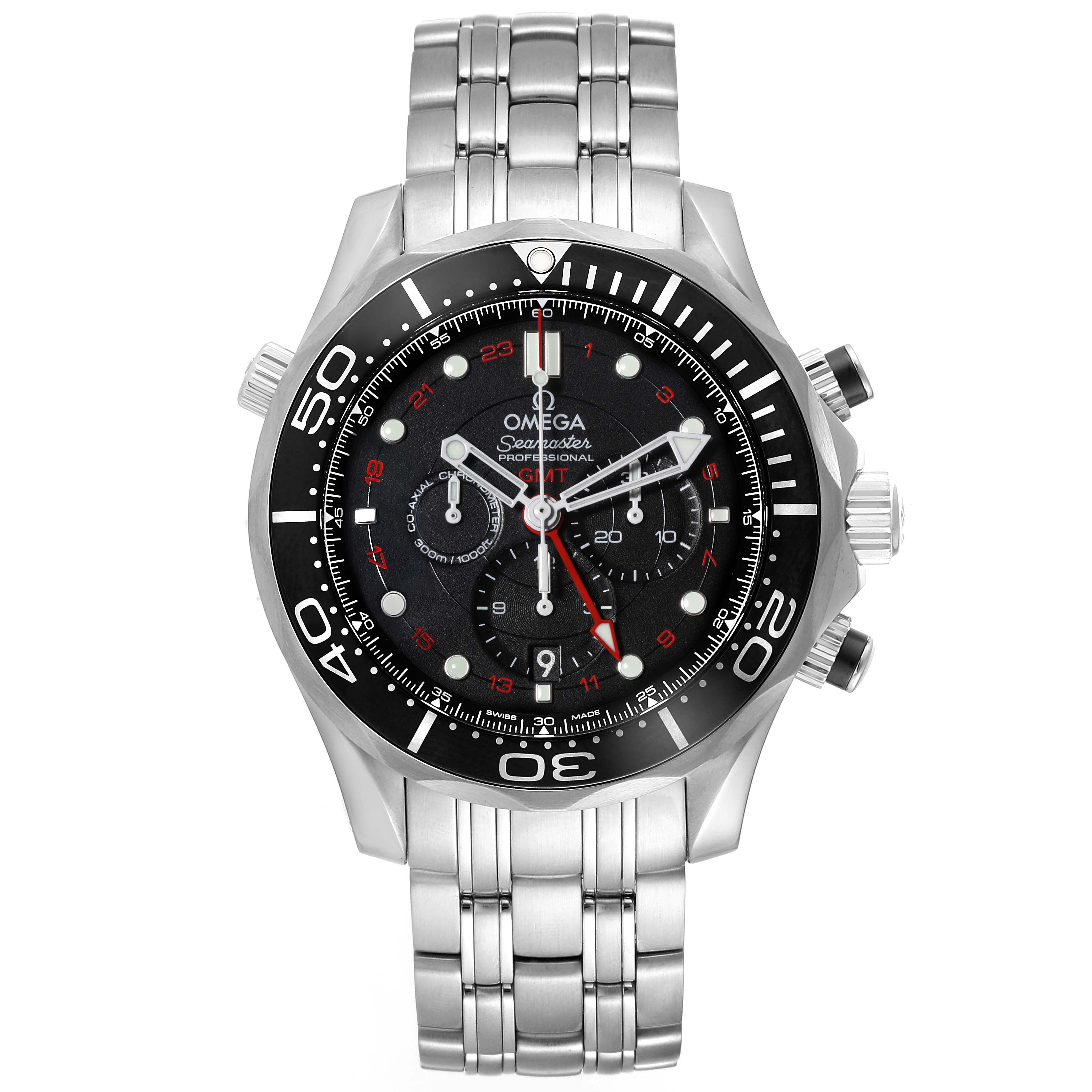 The image shows a front view of an Omega Seamaster 212.30.44.52.01.001 Men
s Stainless Steel Black Dial 212.30.44.52.01.001 Men
s Stainless Steel Black Dial watch, highlighting its black dial, stainless steel bracelet, and chronograph function.
