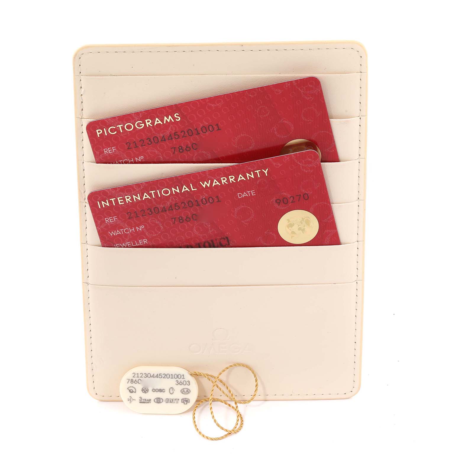 The image shows the International Warranty and Pictograms cards for the Omega Seamaster 212.30.44.52.01.001 Men
s Stainless Steel Black Dial 212.30.44.52.01.001 Men
s Stainless Steel Black Dial model, placed in a beige card holder.