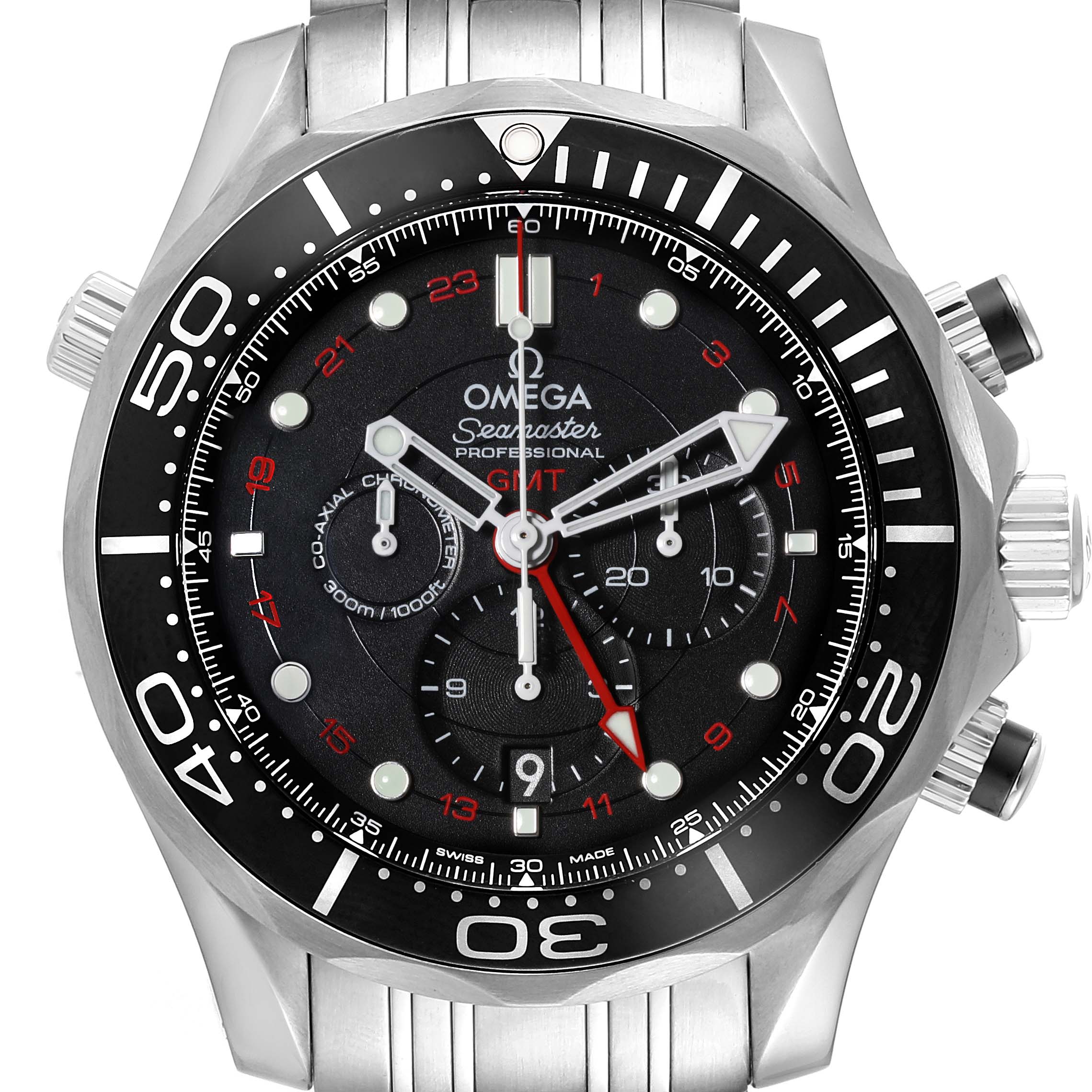The image shows a front view of an Omega Seamaster 212.30.44.52.01.001 Men
s Stainless Steel Black Dial 212.30.44.52.01.001 Men
s Stainless Steel Black Dial watch, displaying the dial, bezel, crown, and pushers clearly.