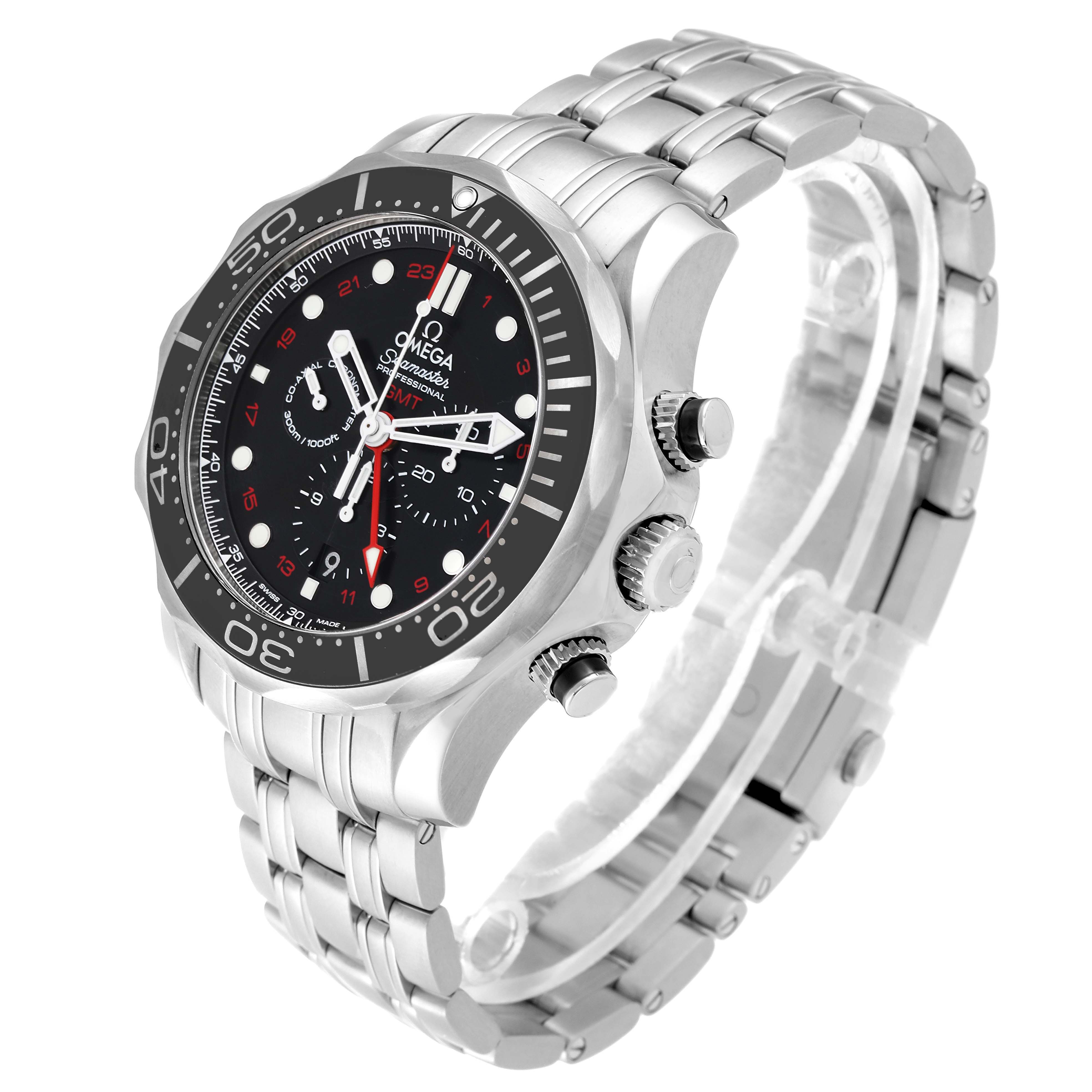 The image shows an angled view of the Omega Seamaster 212.30.44.52.01.001 Men
s Stainless Steel Black Dial 212.30.44.52.01.001 Men
s Stainless Steel Black Dial watch, highlighting the face, bezel, crown, pushers, and the metal bracelet.