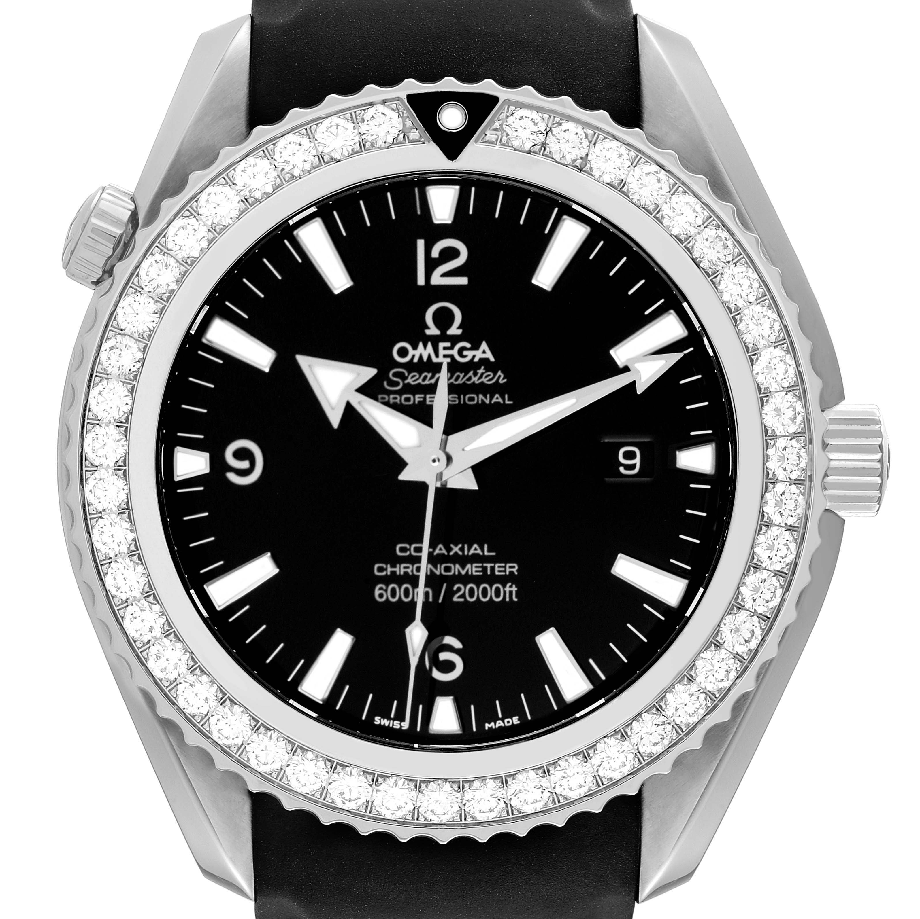 This image shows a frontal view of the Omega Planet Ocean 222.18.46.20.01.001 Men's Stainless Steel Black Dial 222.18.46.20.01.001 Men's Stainless Steel Black Dial watch, highlighting its bezel, dial, and crown.