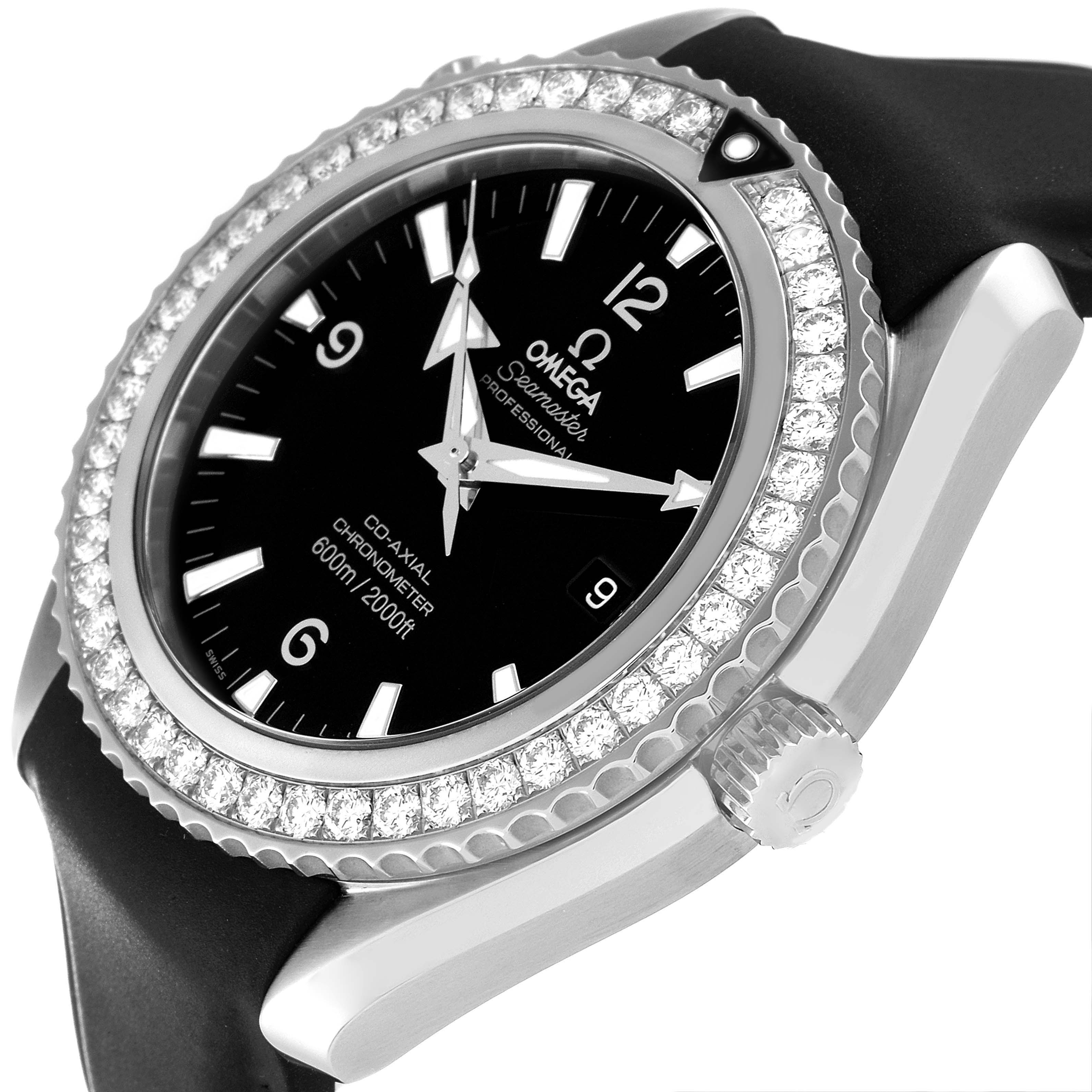 The image shows the Omega Planet Ocean 222.18.46.20.01.001 Men's Stainless Steel Black Dial 222.18.46.20.01.001 Men's Stainless Steel Black Dial watch at a front-side angle, highlighting its bezel, dial, and crown.