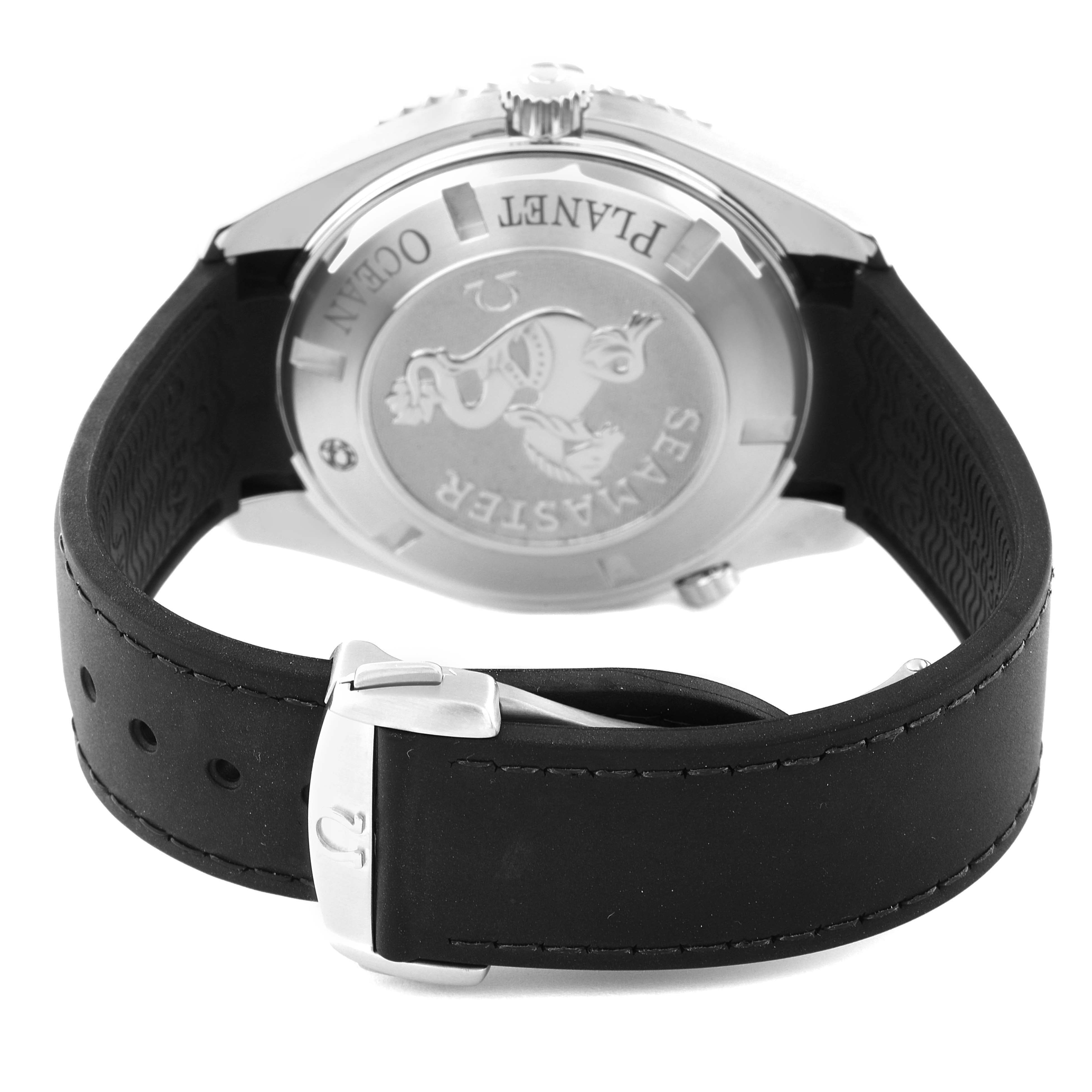 The image shows the rear view of the Omega Planet Ocean 222.18.46.20.01.001 Men's Stainless Steel Black Dial 222.18.46.20.01.001 Men's Stainless Steel Black Dial watch, highlighting the case back, crown, and clasp on the strap.