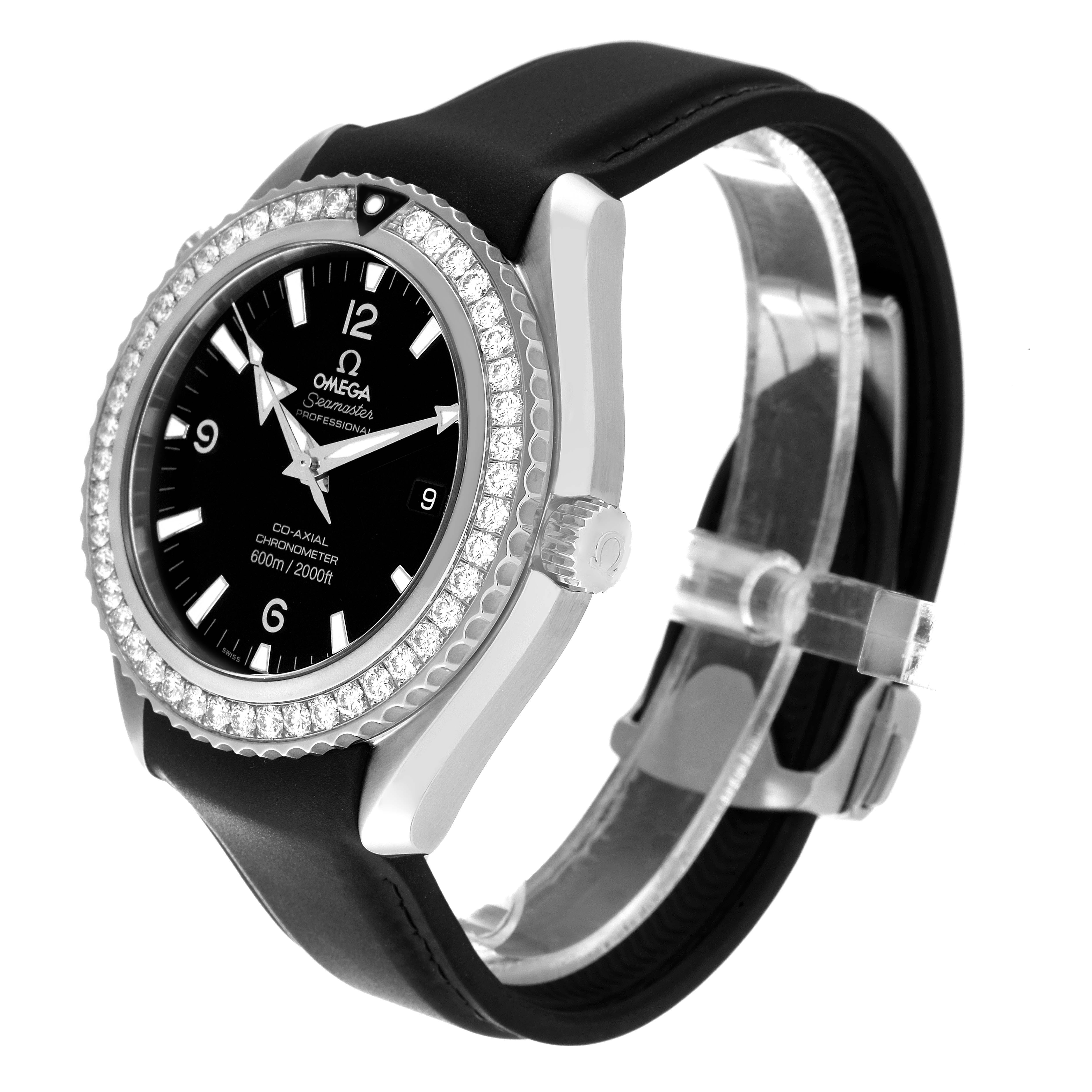 The Omega Planet Ocean 222.18.46.20.01.001 Men's Stainless Steel Black Dial 222.18.46.20.01.001 Men's Stainless Steel Black Dial watch is shown at a slight angle, highlighting its bezel, face, and strap.