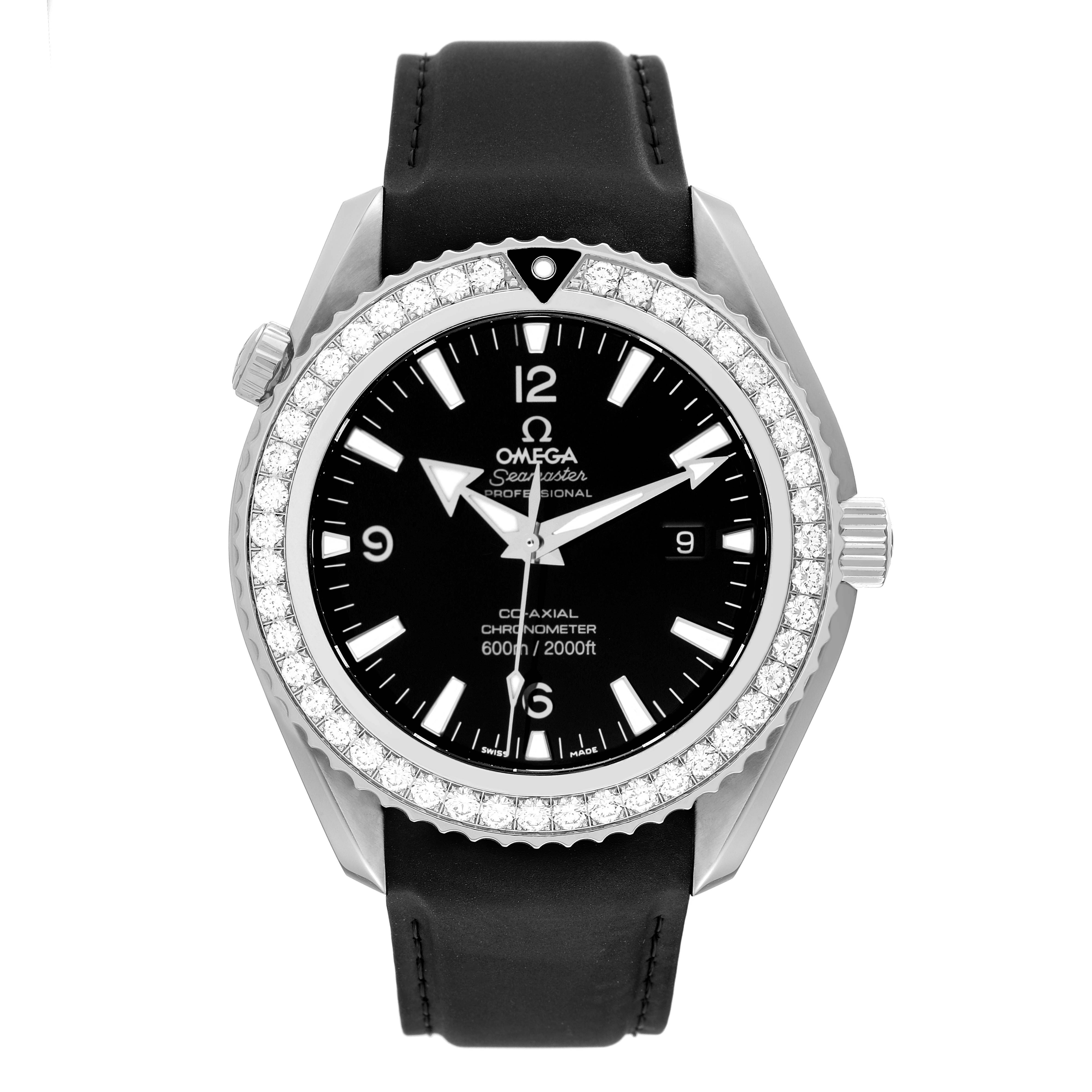 The Omega Planet Ocean 222.18.46.20.01.001 Men's Stainless Steel Black Dial 222.18.46.20.01.001 Men's Stainless Steel Black Dial watch is shown from the front, displaying its face, bezel, and strap.