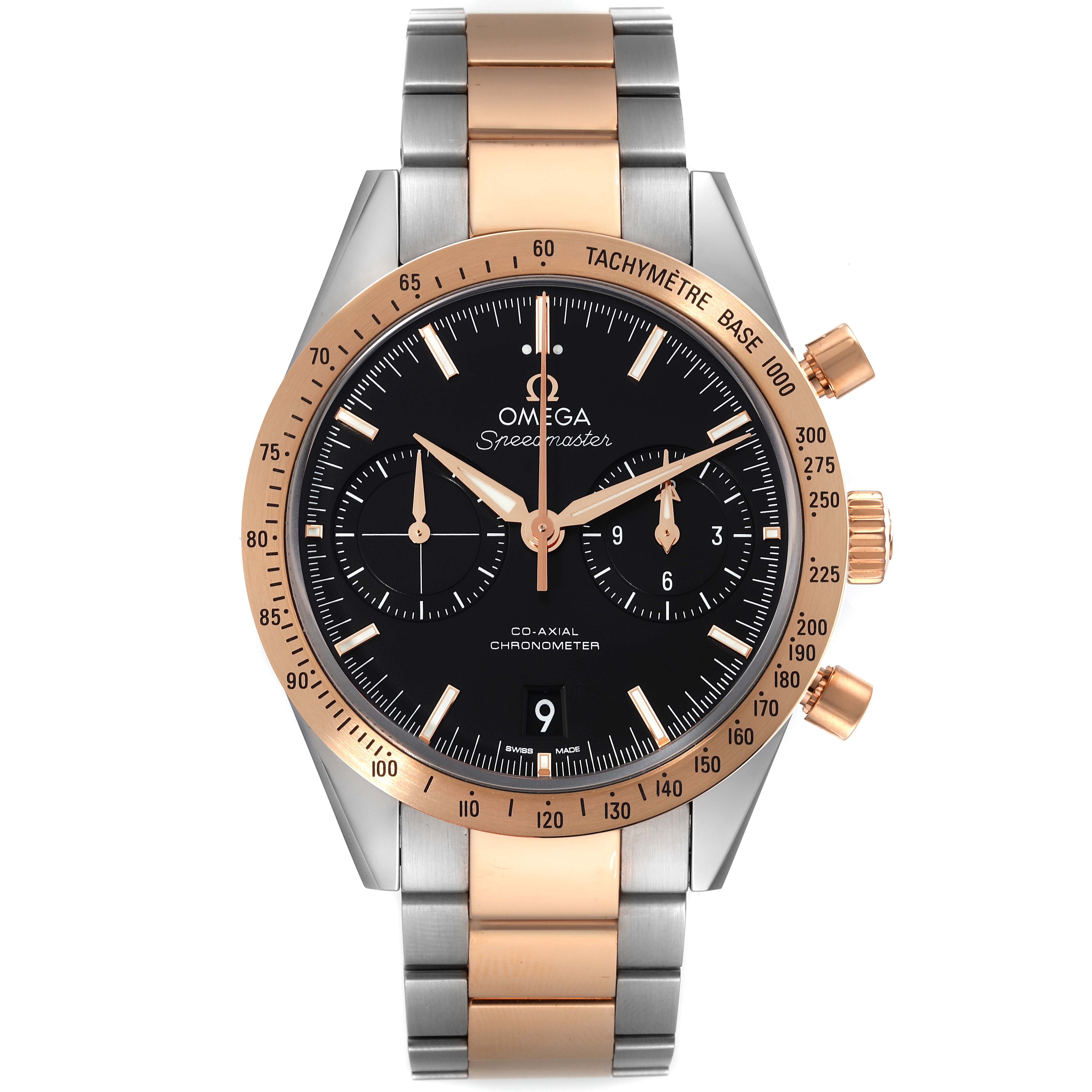 This image shows a frontal view of the Omega Speedmaster 331.20.42.51.01.002 Men's Steel and Gold (two tone) Black Dial 331.20.42.51.01.002 Men's Steel and Gold (two tone) Black Dial watch, highlighting its black dial, chronograph subdials, and two-tone bracelet.