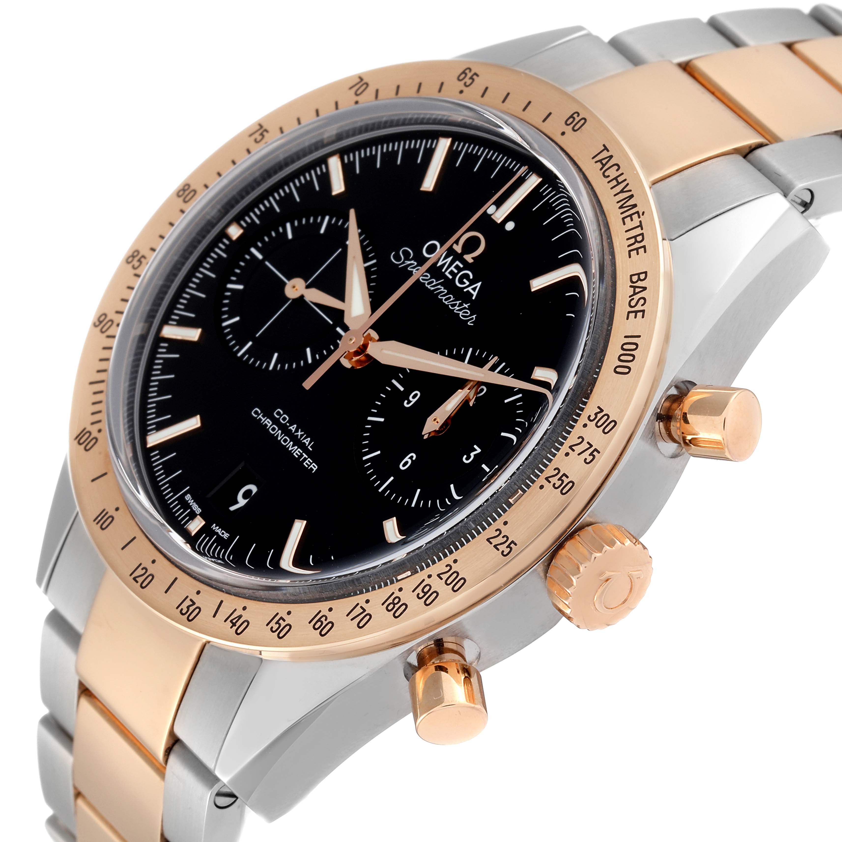 The image shows an angled view of an Omega Speedmaster 331.20.42.51.01.002 Men's Steel and Gold (two tone) Black Dial 331.20.42.51.01.002 Men's Steel and Gold (two tone) Black Dial watch, focusing on the dial, bezel, and crown.