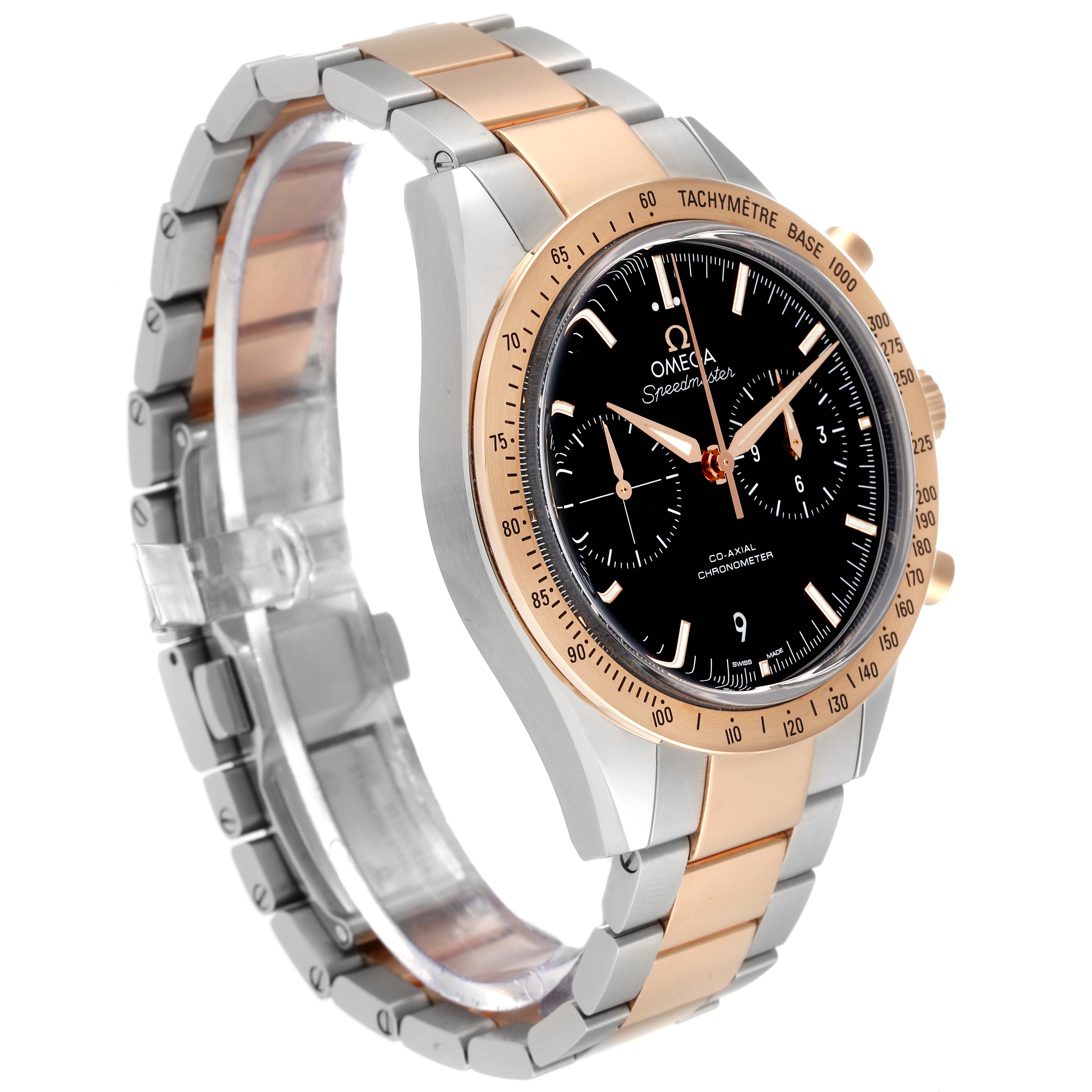 The Omega Speedmaster 331.20.42.51.01.002 Men's Steel and Gold (two tone) Black Dial 331.20.42.51.01.002 Men's Steel and Gold (two tone) Black Dial watch is shown at an angle highlighting the face, bezel, and bracelet.
