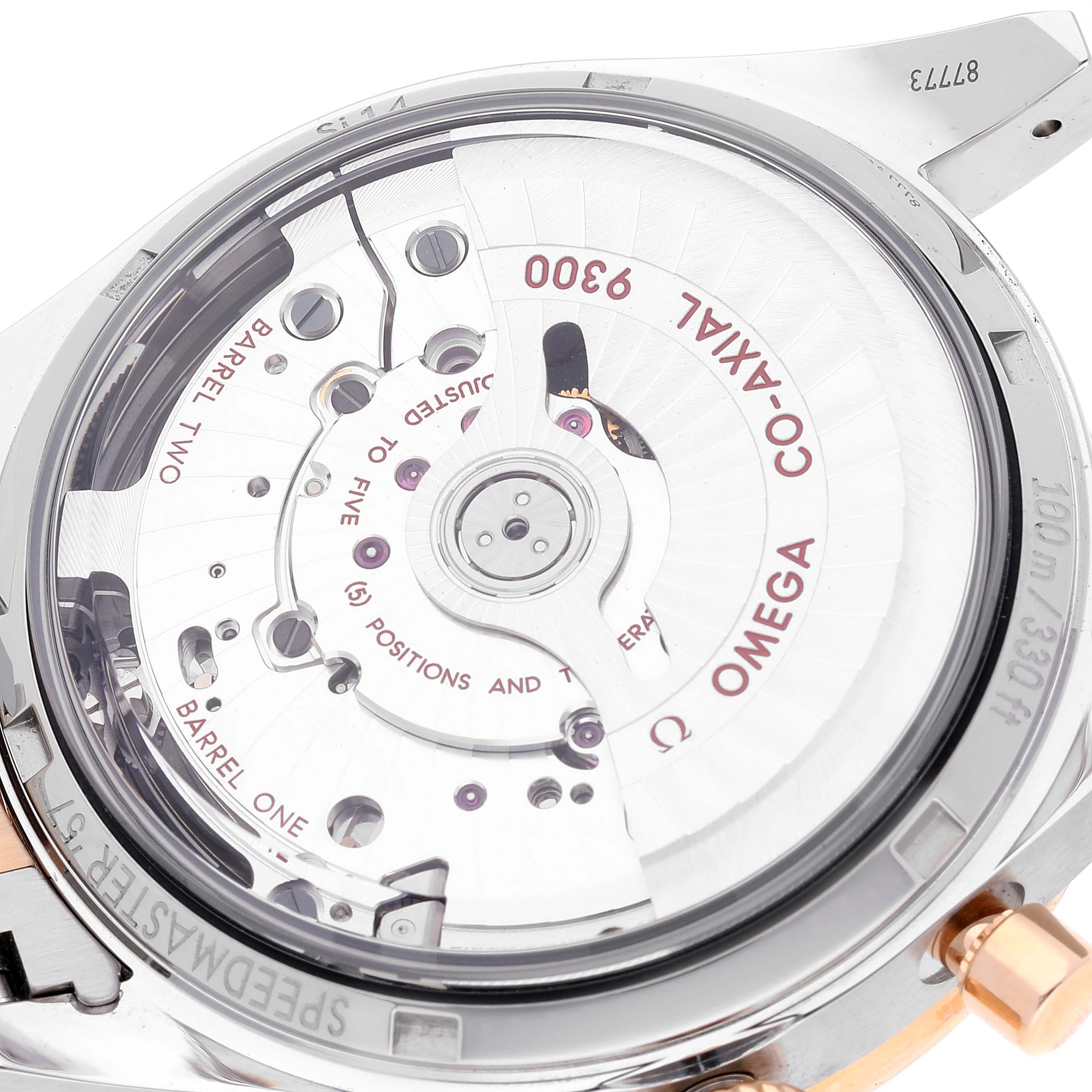 The image shows the open case back of an Omega Speedmaster 331.20.42.51.01.002 Men's Steel and Gold (two tone) Black Dial 331.20.42.51.01.002 Men's Steel and Gold (two tone) Black Dial watch, featuring the co-axial 9300 movement.