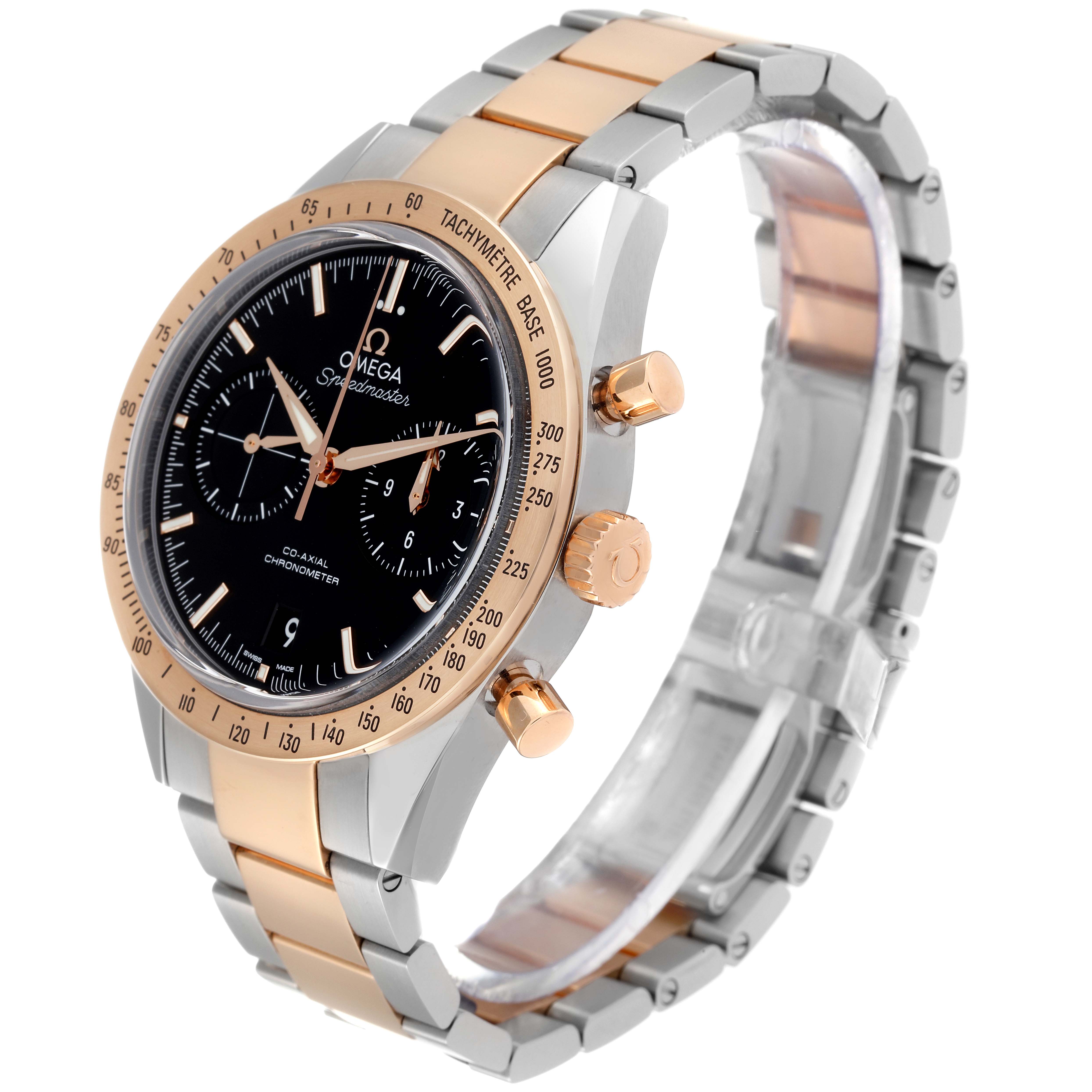 The Omega Speedmaster 331.20.42.51.01.002 Men's Steel and Gold (two tone) Black Dial 331.20.42.51.01.002 Men's Steel and Gold (two tone) Black Dial watch is shown at a three-quarter angle, highlighting its two-tone case, bezel, and bracelet with a black dial.