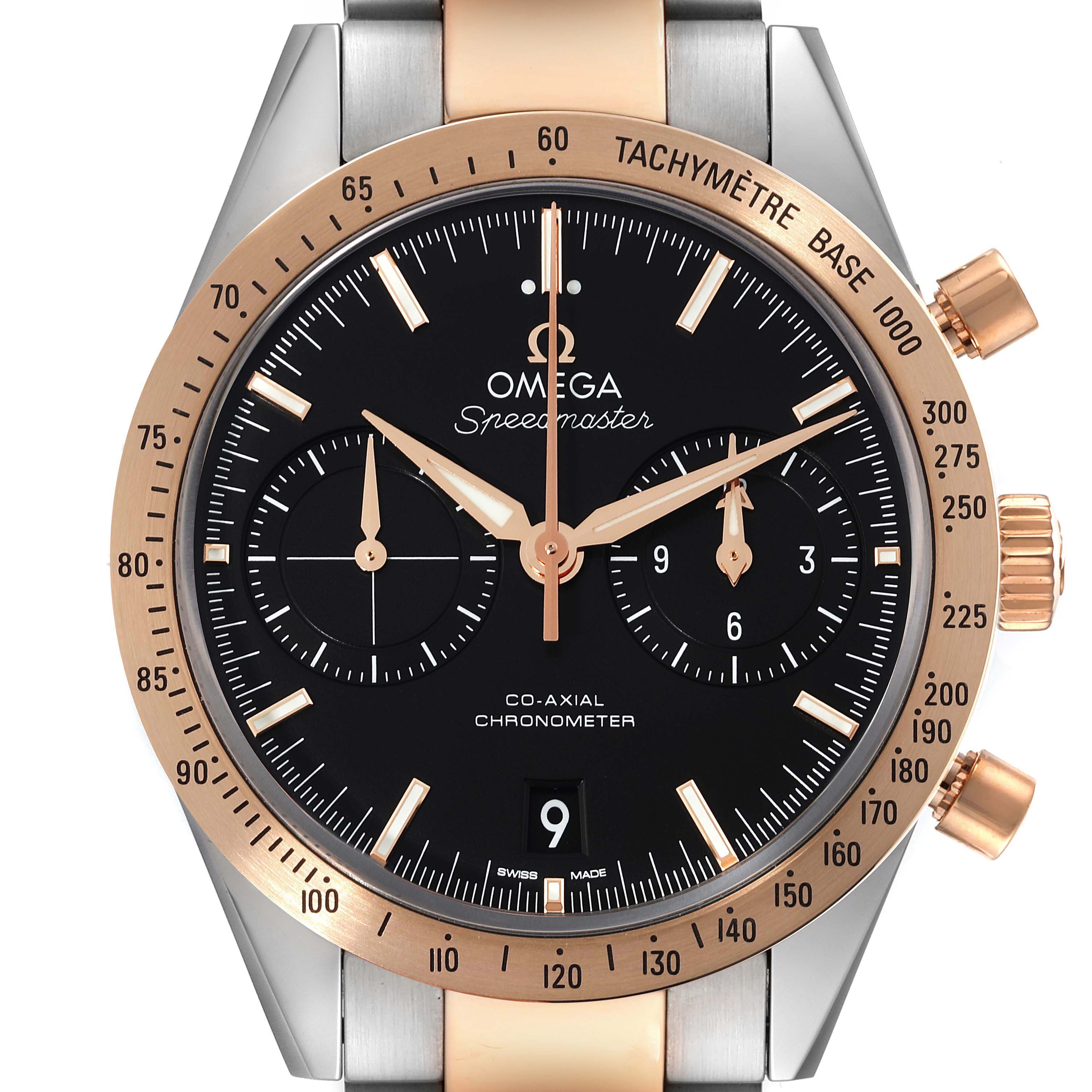 The image shows a front view of an Omega Speedmaster 331.20.42.51.01.002 Men's Steel and Gold (two tone) Black Dial 331.20.42.51.01.002 Men's Steel and Gold (two tone) Black Dial watch, highlighting its dial, tachymeter bezel, and chronograph subdials.