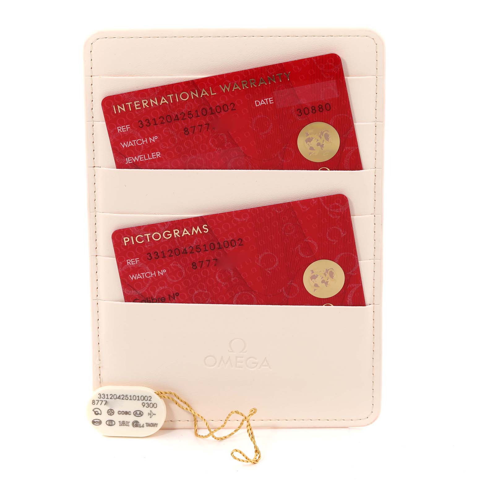 The image shows the International Warranty and Pictograms cards, along with a hangtag for an Omega Speedmaster 331.20.42.51.01.002 Men's Steel and Gold (two tone) Black Dial 331.20.42.51.01.002 Men's Steel and Gold (two tone) Black Dial watch.