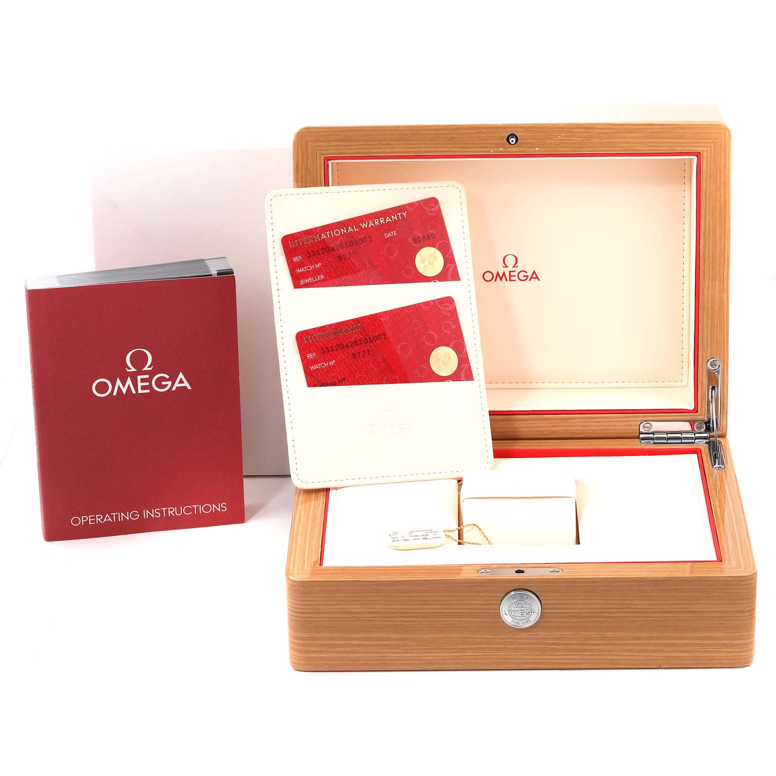 The image shows an Omega Speedmaster 331.20.42.51.01.002 Men's Steel and Gold (two tone) Black Dial 331.20.42.51.01.002 Men's Steel and Gold (two tone) Black Dial watch box, warranty cards, and an operating instructions booklet at a front-facing angle.