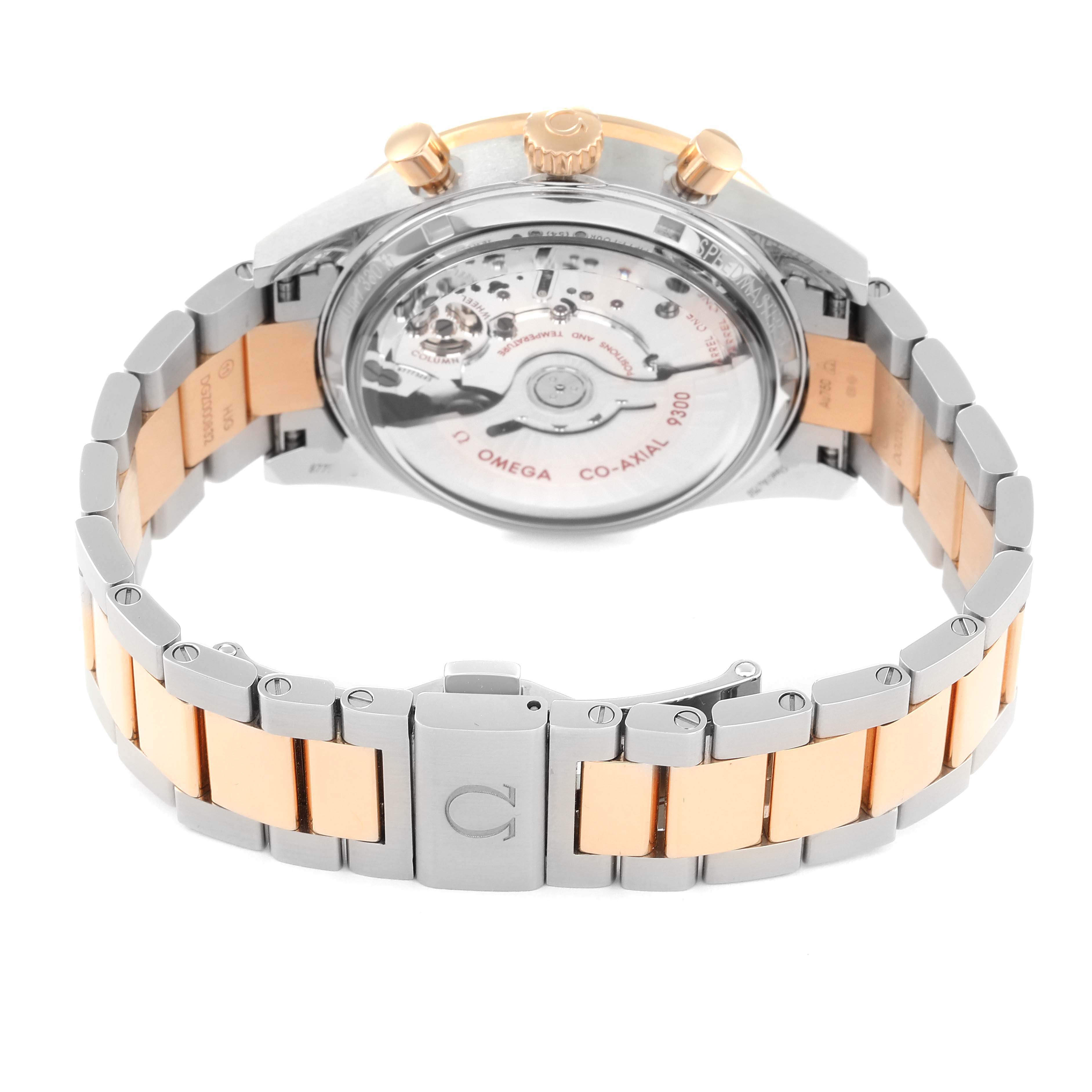 The image shows the back view of an Omega Speedmaster 331.20.42.51.01.002 Men's Steel and Gold (two tone) Black Dial 331.20.42.51.01.002 Men's Steel and Gold (two tone) Black Dial watch, highlighting its bracelet and transparent case back.