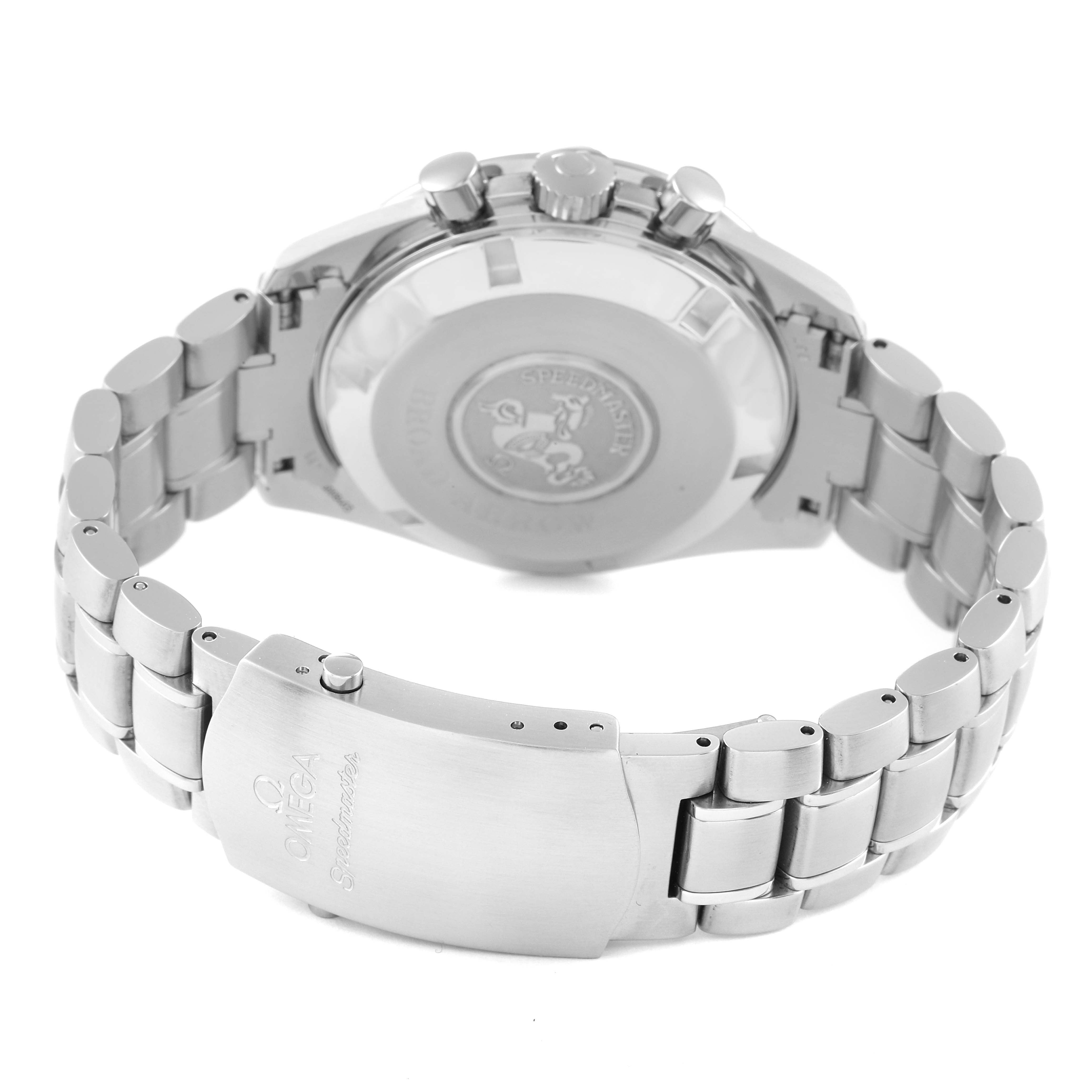 The image shows the back view of an Omega Speedmaster 3551.50.00 Men's Stainless Steel Black Dial 3551.50.00 Men's Stainless Steel Black Dial watch, highlighting the case back and stainless steel bracelet with clasp.