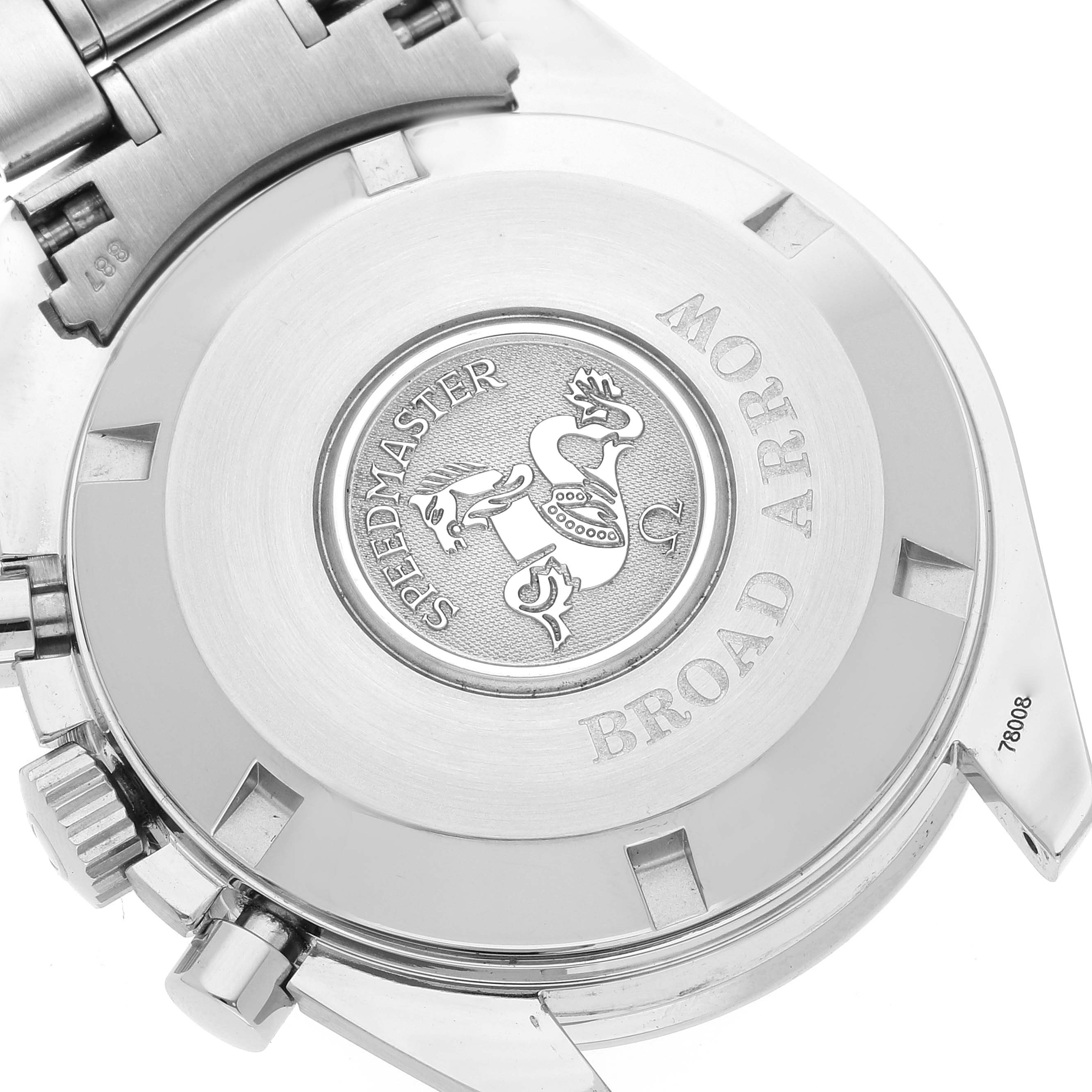 The image shows the case back of the Omega Speedmaster 3551.50.00 Men's Stainless Steel Black Dial 3551.50.00 Men's Stainless Steel Black Dial Broad Arrow watch from a rear angle.