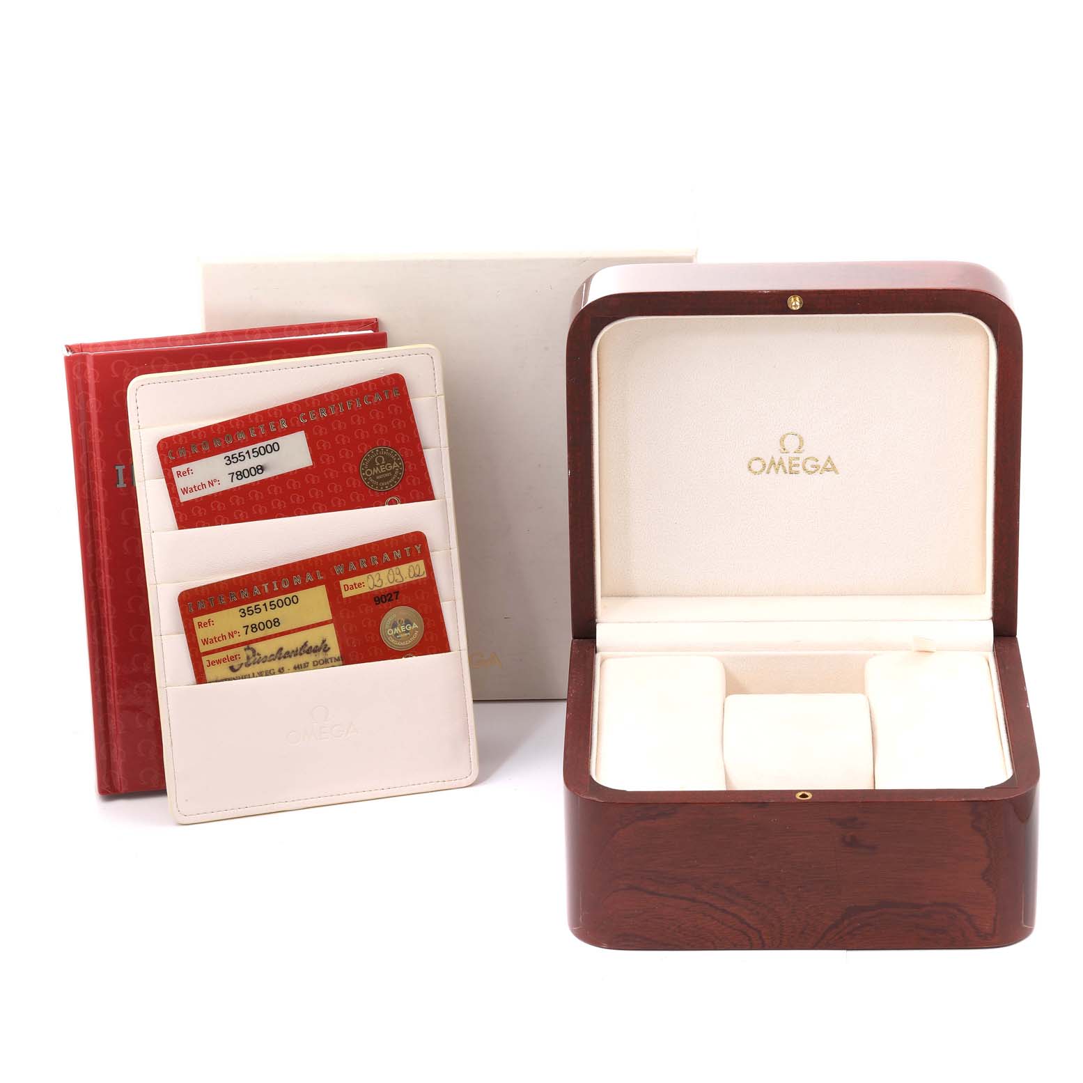 The image shows the packaging and warranty cards for an Omega Speedmaster 3551.50.00 Men's Stainless Steel Black Dial 3551.50.00 Men's Stainless Steel Black Dial watch, including a wooden box and documentation.