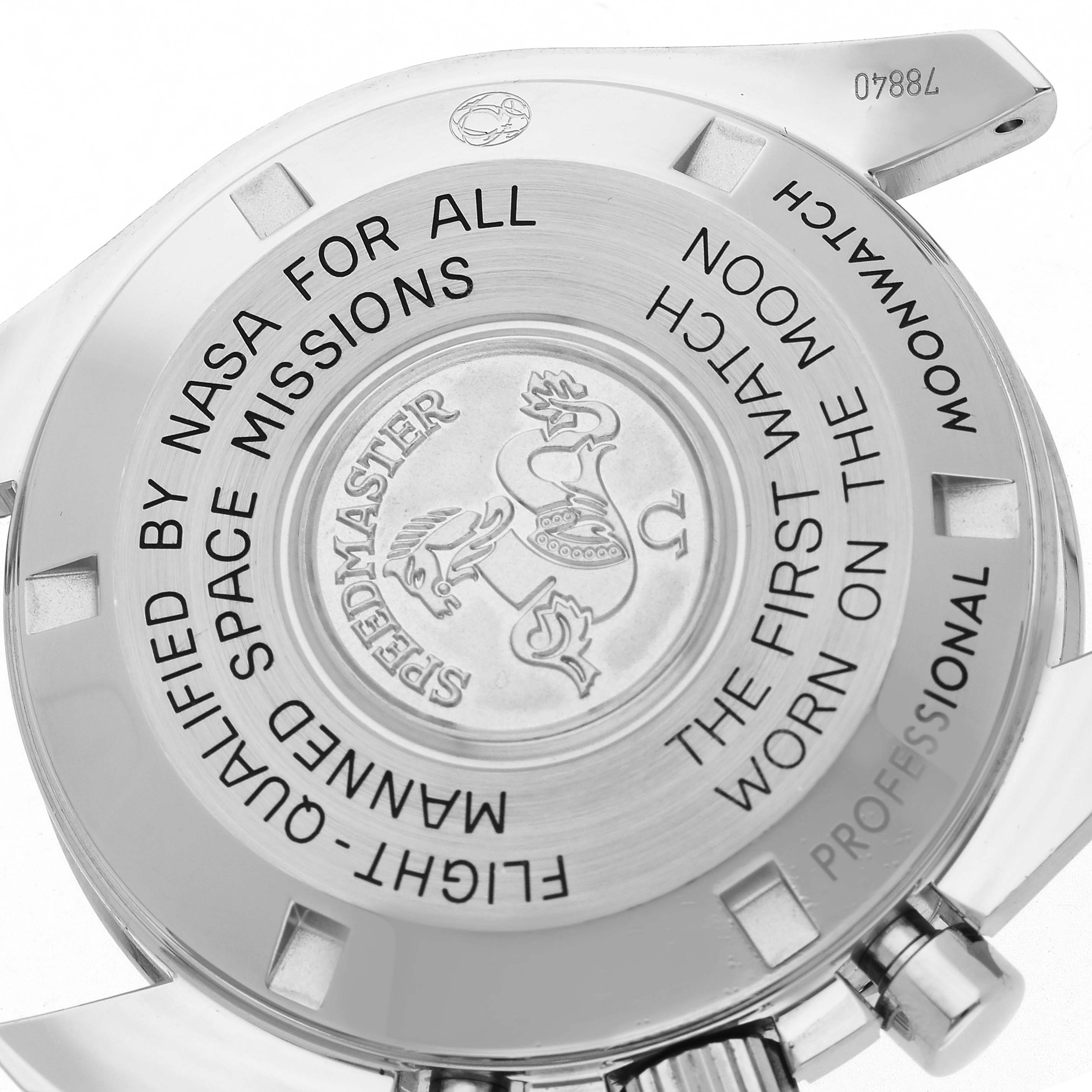 The image shows the case back of an Omega Speedmaster 311.33.42.30.01.001 Men's Stainless Steel Black Dial 311.33.42.30.01.001 Men's Stainless Steel Black Dial, featuring engraved text and the iconic logo.