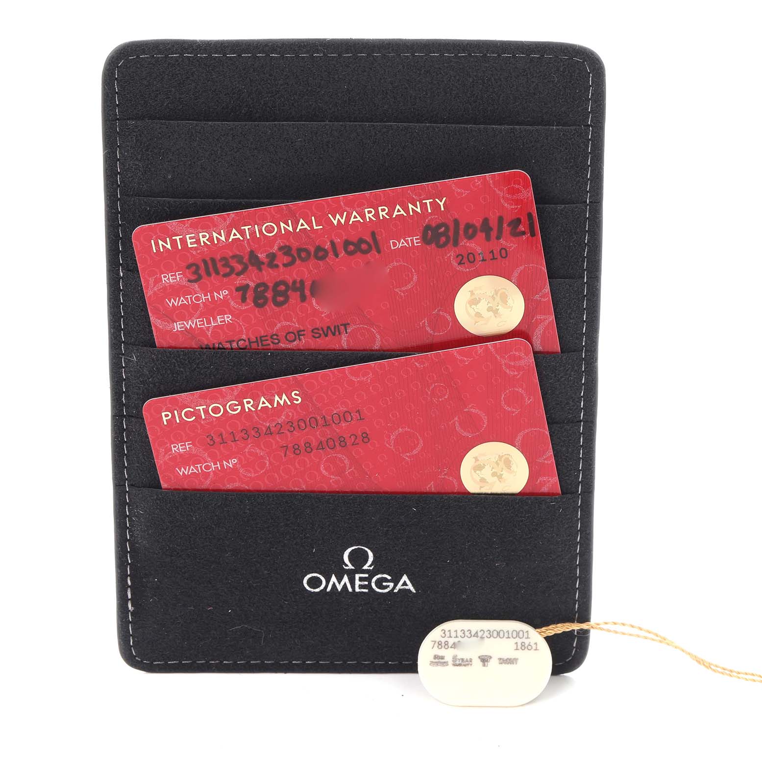 The image shows an Omega Speedmaster 311.33.42.30.01.001 Men's Stainless Steel Black Dial 311.33.42.30.01.001 Men's Stainless Steel Black Dial's warranty card holder and pictogram cards from a frontal perspective.