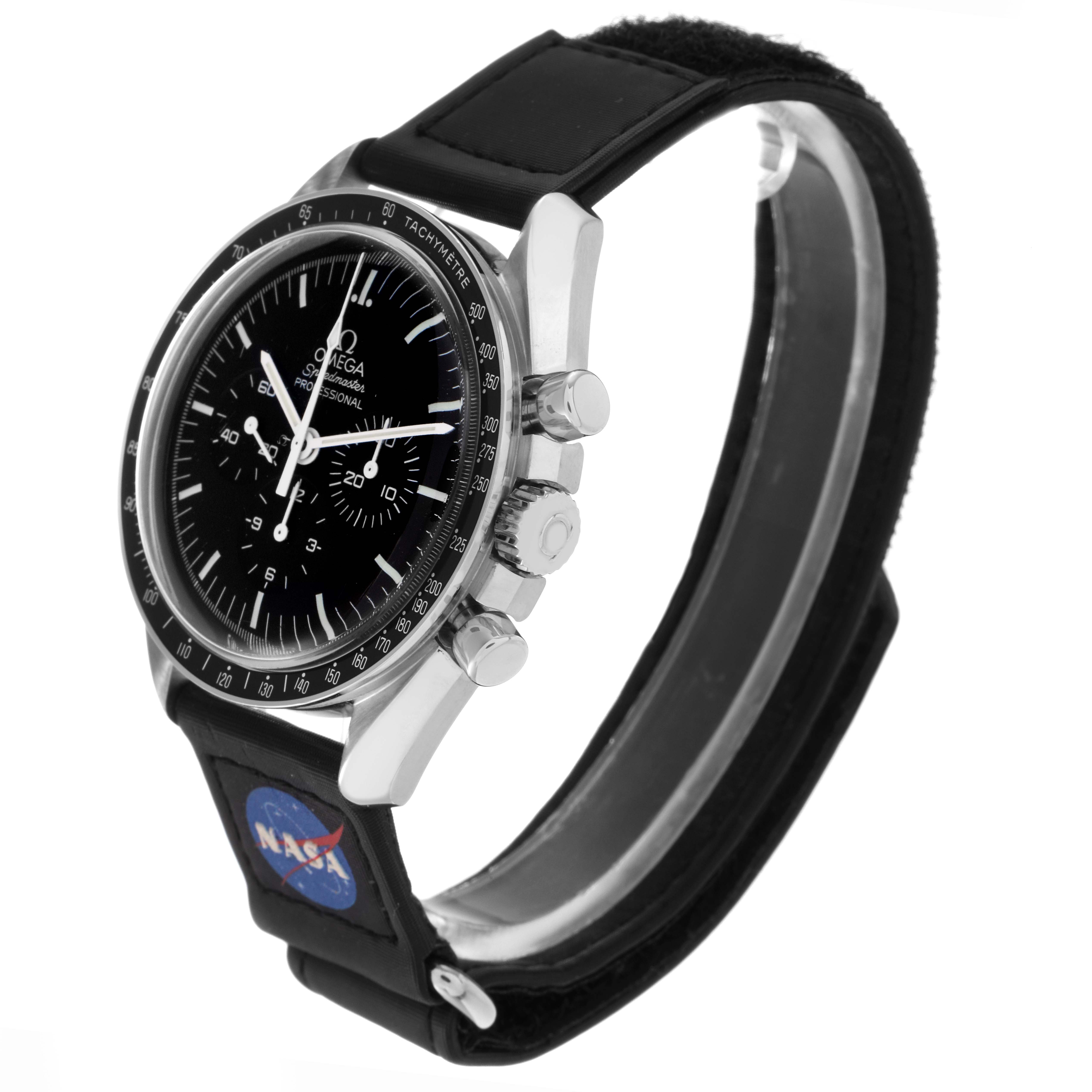 The Omega Speedmaster 311.33.42.30.01.001 Men's Stainless Steel Black Dial 311.33.42.30.01.001 Men's Stainless Steel Black Dial watch is shown at a three-quarter angle, highlighting the dial, bezel, crown, and pushers with a NASA strap.