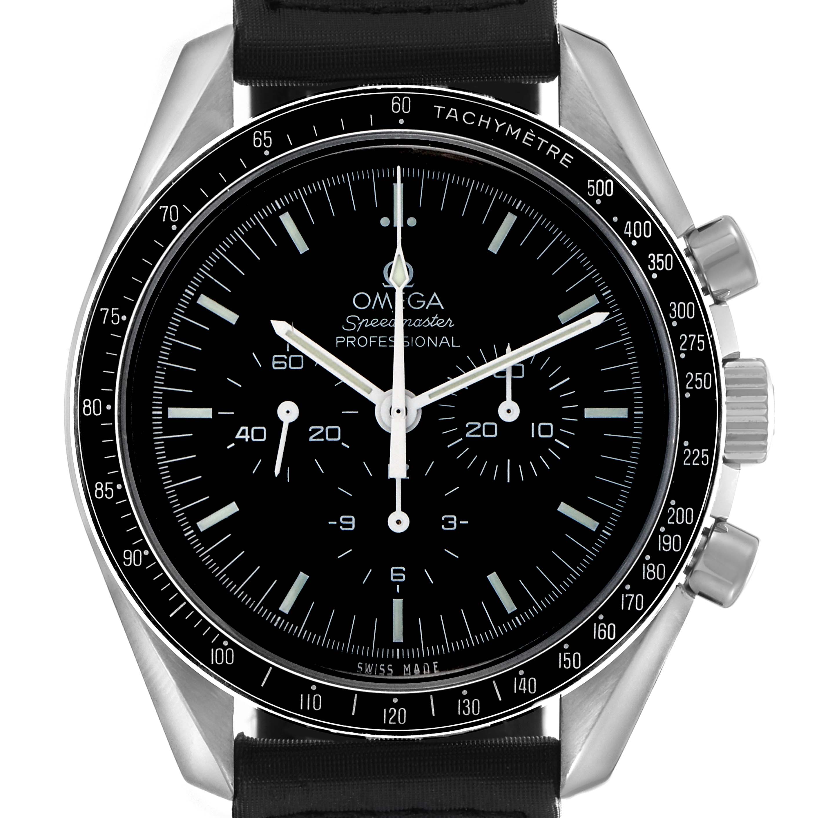 The Omega Speedmaster 311.33.42.30.01.001 Men's Stainless Steel Black Dial 311.33.42.30.01.001 Men's Stainless Steel Black Dial is shown from the front, displaying the dial, hands, bezel with tachymeter, and pushers.