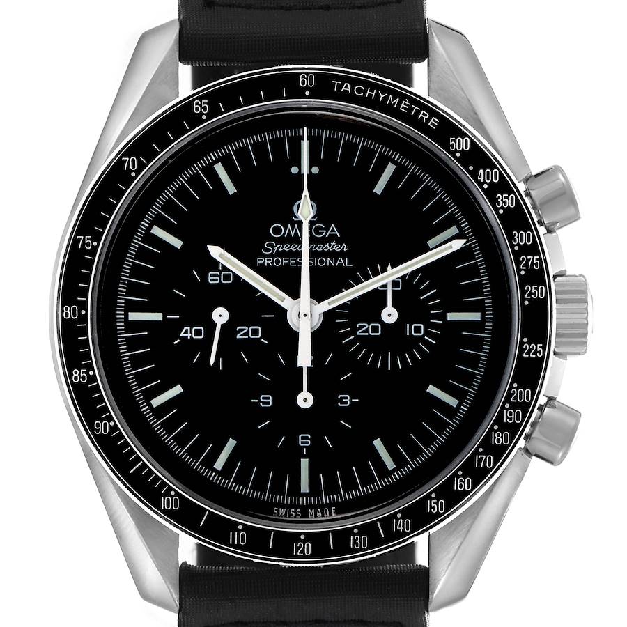The Omega Speedmaster is shown from the front, displaying the dial, hands, bezel with tachymeter, and pushers.