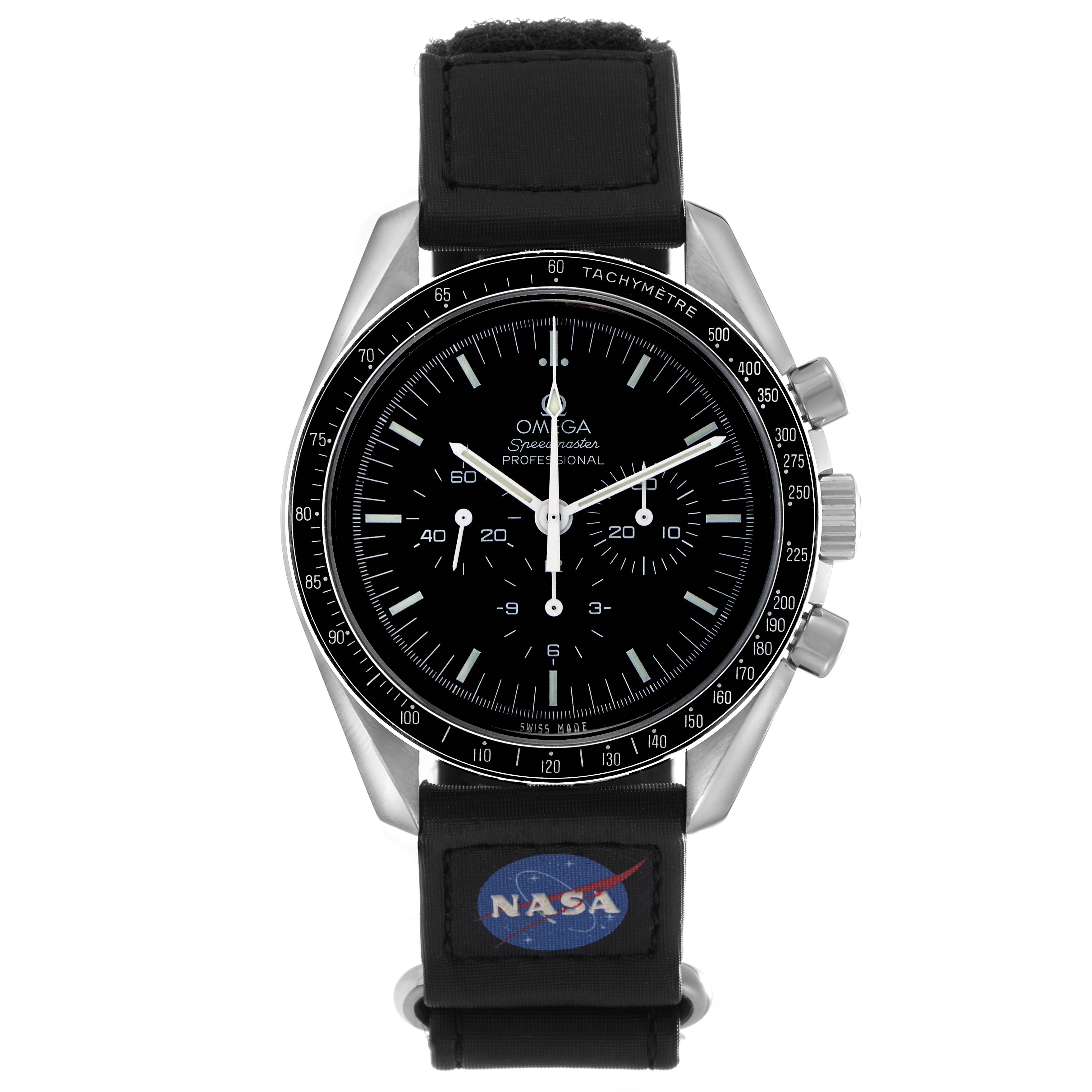 The Omega Speedmaster 311.33.42.30.01.001 Men's Stainless Steel Black Dial 311.33.42.30.01.001 Men's Stainless Steel Black Dial watch is shown from the front, highlighting the dial, bezel, and strap with a NASA logo.