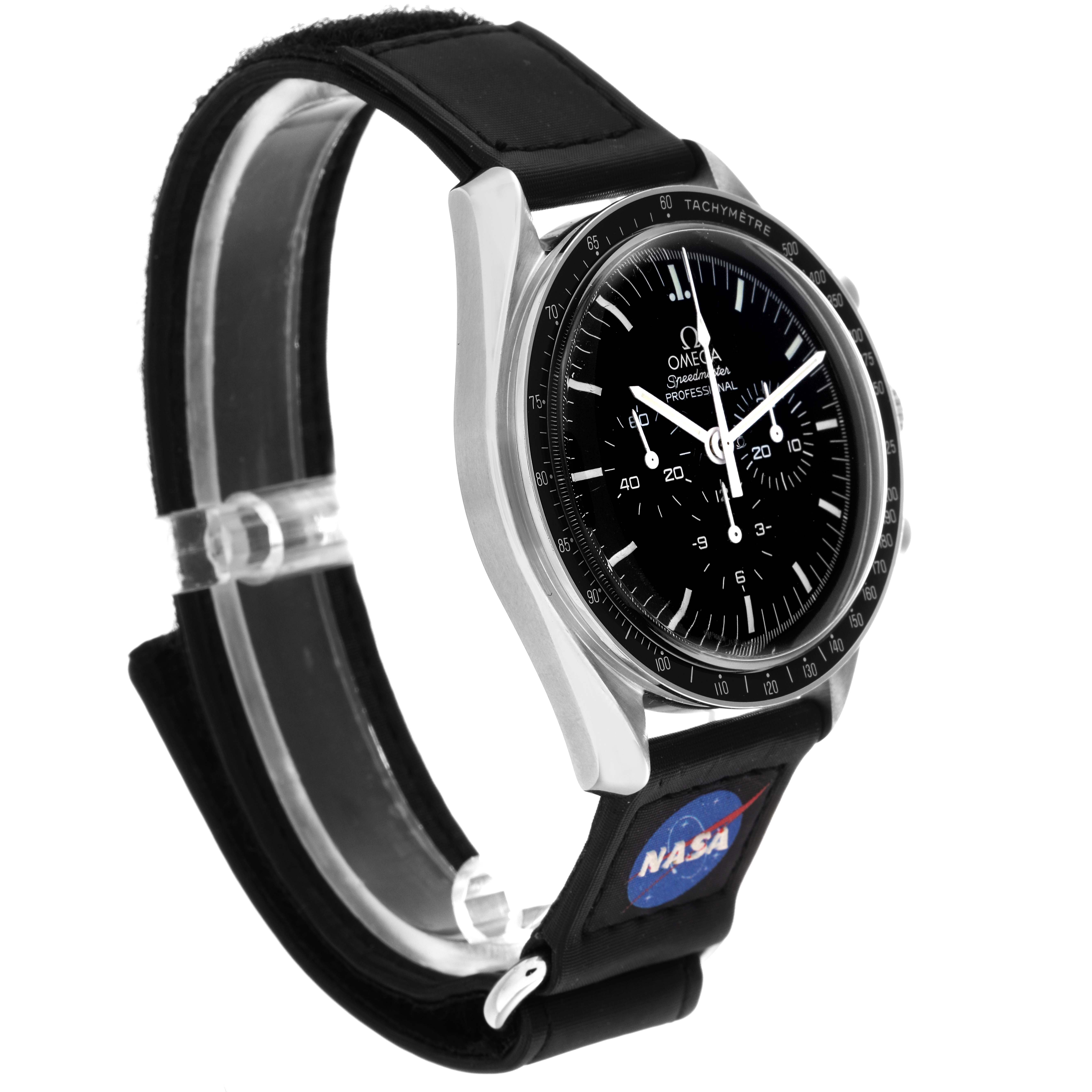 The Omega Speedmaster 311.33.42.30.01.001 Men's Stainless Steel Black Dial 311.33.42.30.01.001 Men's Stainless Steel Black Dial watch is shown at an angled side view, displaying its face, bezel, and band with a NASA logo.