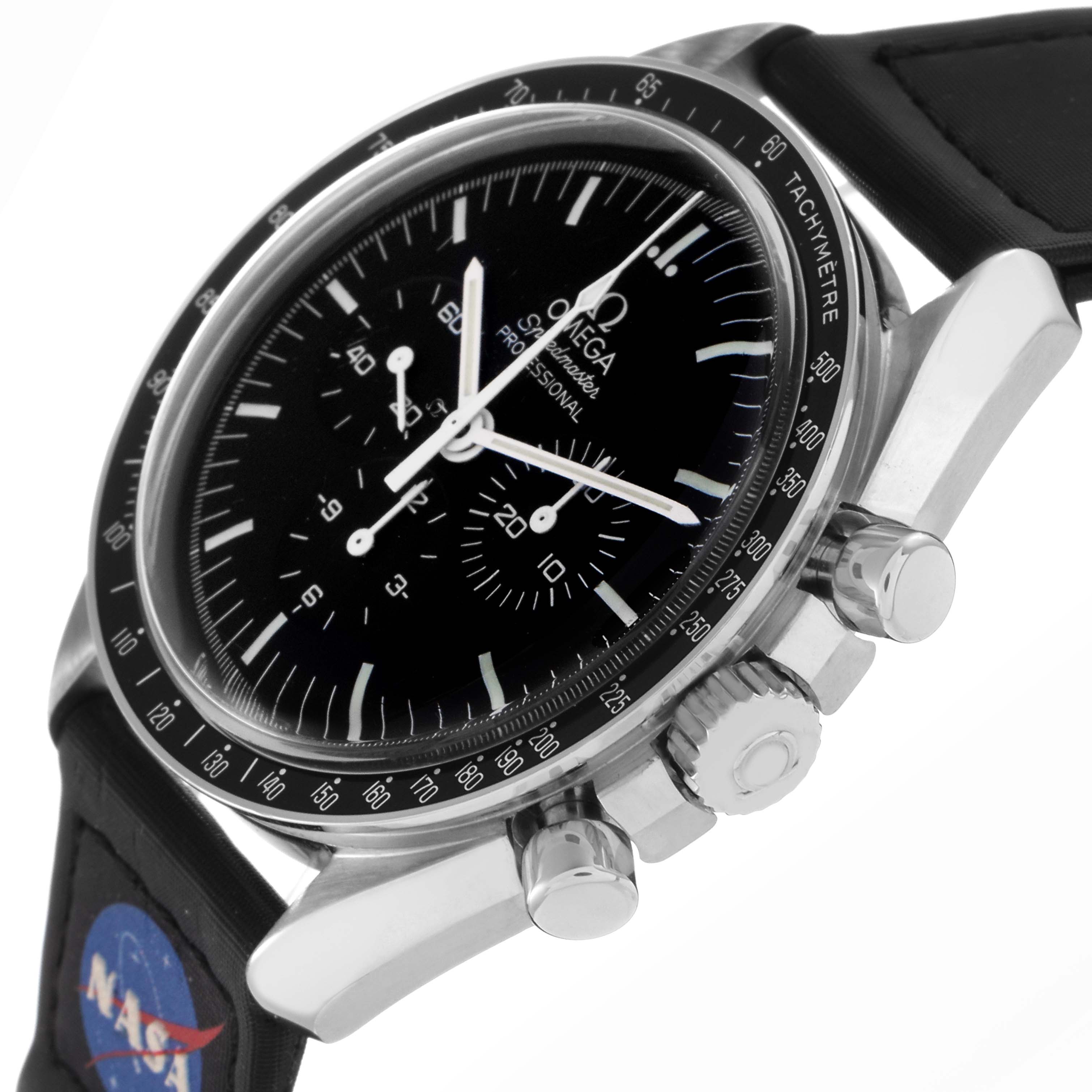 The Omega Speedmaster 311.33.42.30.01.001 Men's Stainless Steel Black Dial 311.33.42.30.01.001 Men's Stainless Steel Black Dial watch is shown from a side angle, highlighting the bezel, chronograph buttons, crown, and strap.