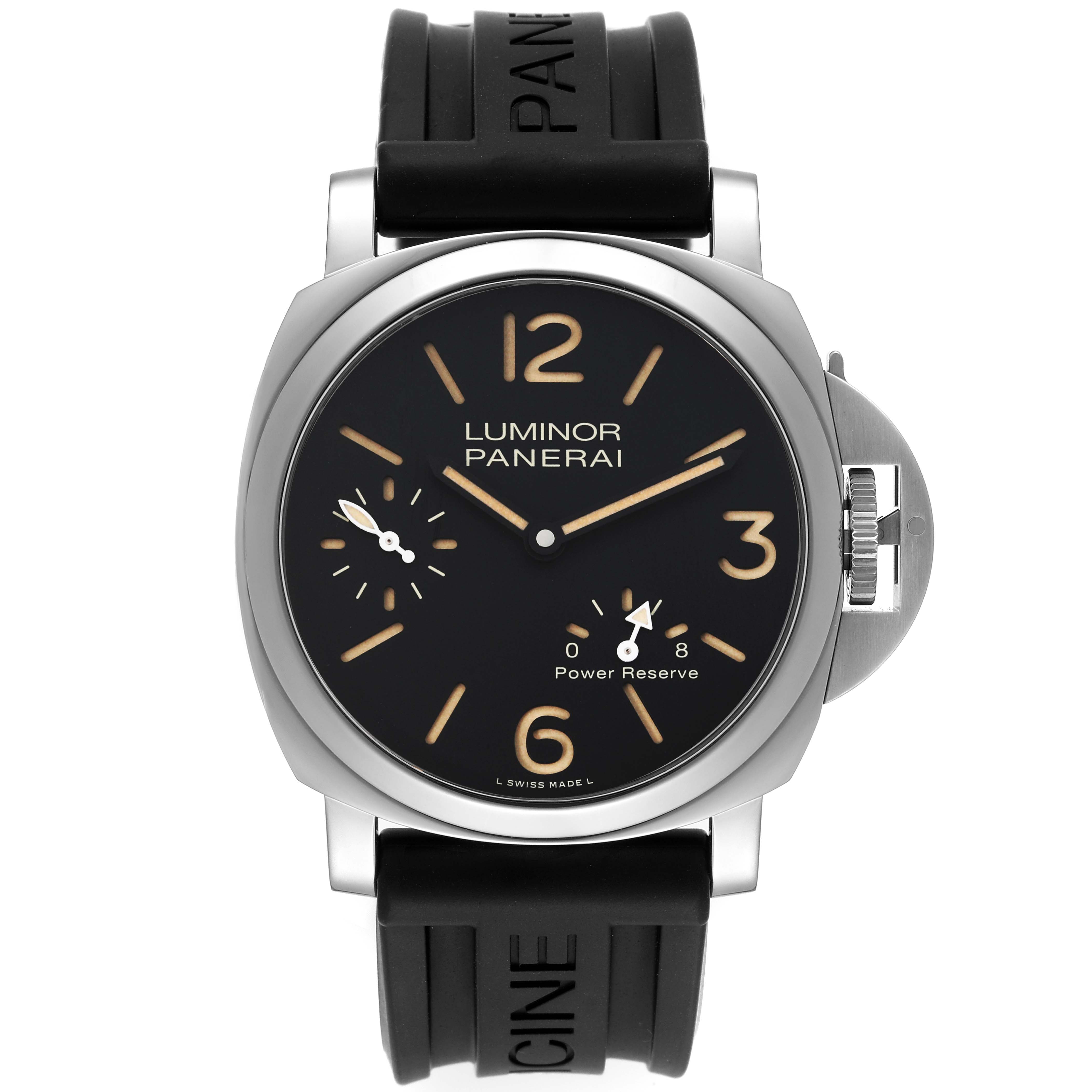 The image shows a front view of the Panerai Luminor PAM00795 Men
s Stainless Steel Black Dial PAM00795 Men
s Stainless Steel Black Dial watch, highlighting its dial, strap, and crown guard.