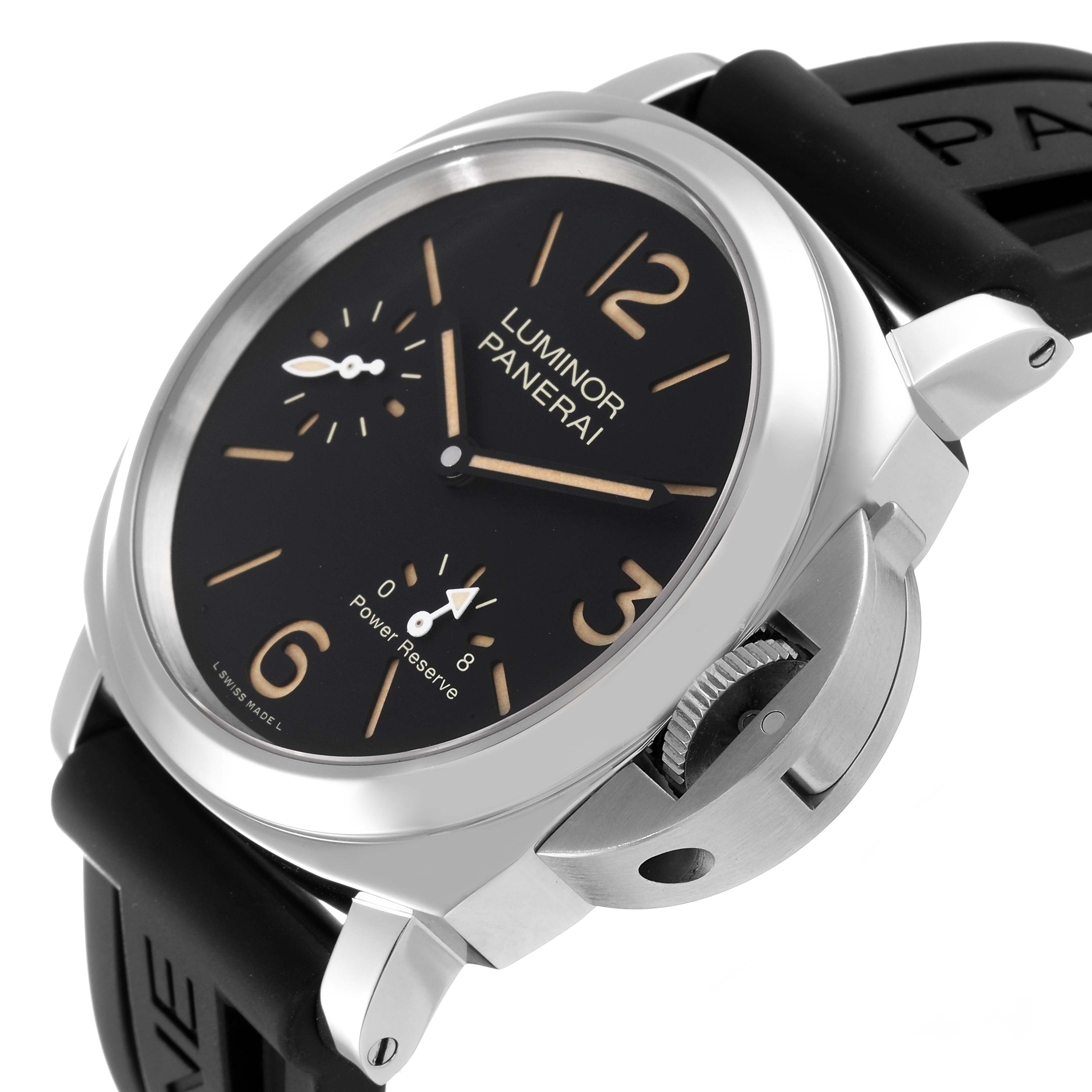 The image shows a side view of the Panerai Luminor PAM00795 Men
s Stainless Steel Black Dial PAM00795 Men
s Stainless Steel Black Dial watch, highlighting its case, dial, and crown guard.