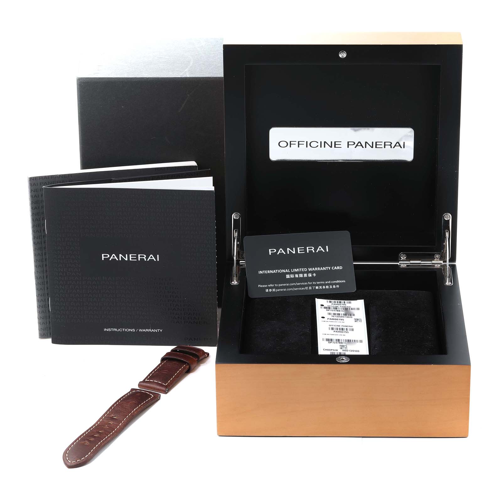 The image shows the packaging, warranty card, manuals, and a brown leather strap for the Panerai Luminor PAM00795 Men
s Stainless Steel Black Dial PAM00795 Men
s Stainless Steel Black Dial model watch.