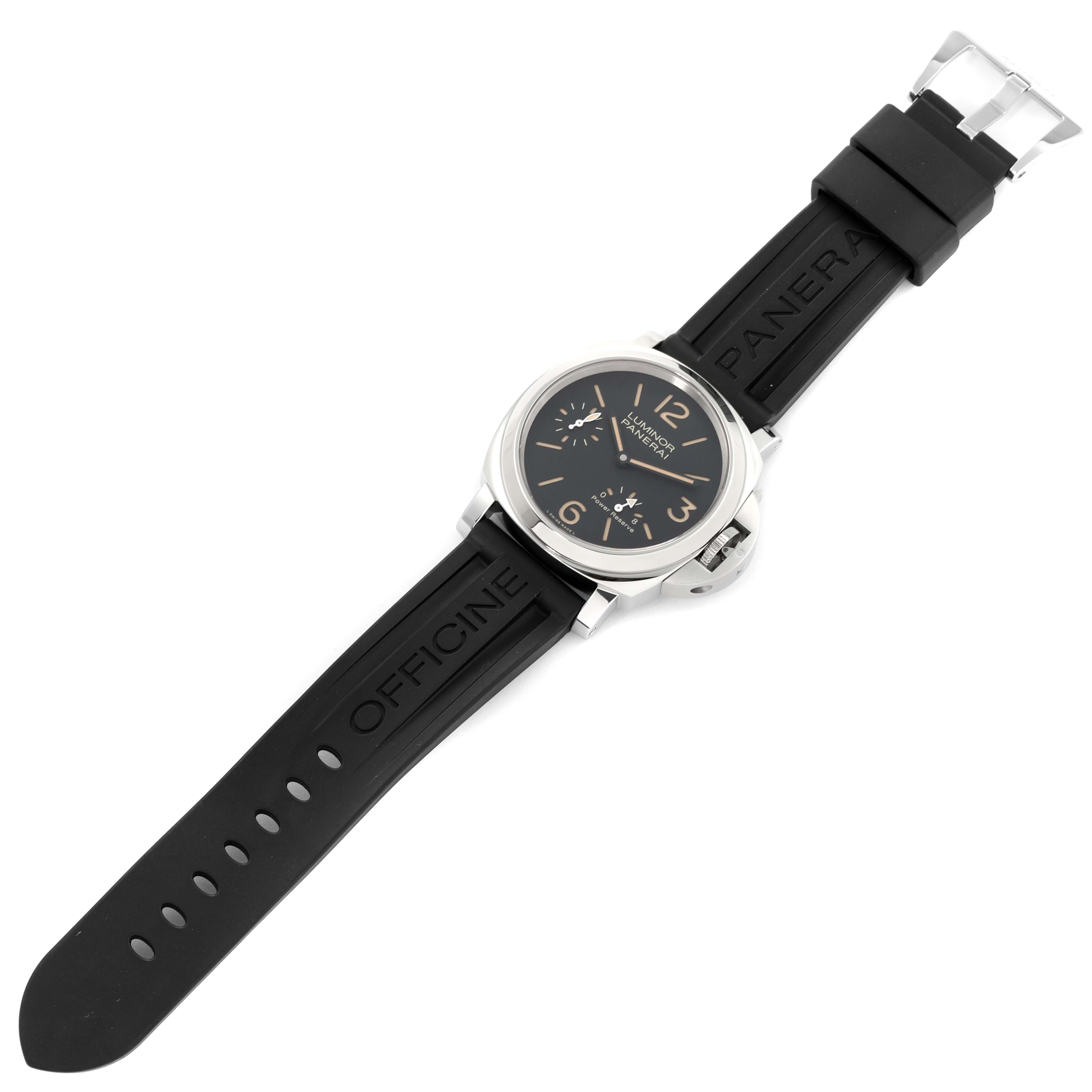 This image shows a Panerai Luminor PAM00795 Men
s Stainless Steel Black Dial PAM00795 Men
s Stainless Steel Black Dial watch from a top-down angle, highlighting its black dial, rubber straps, and buckle.