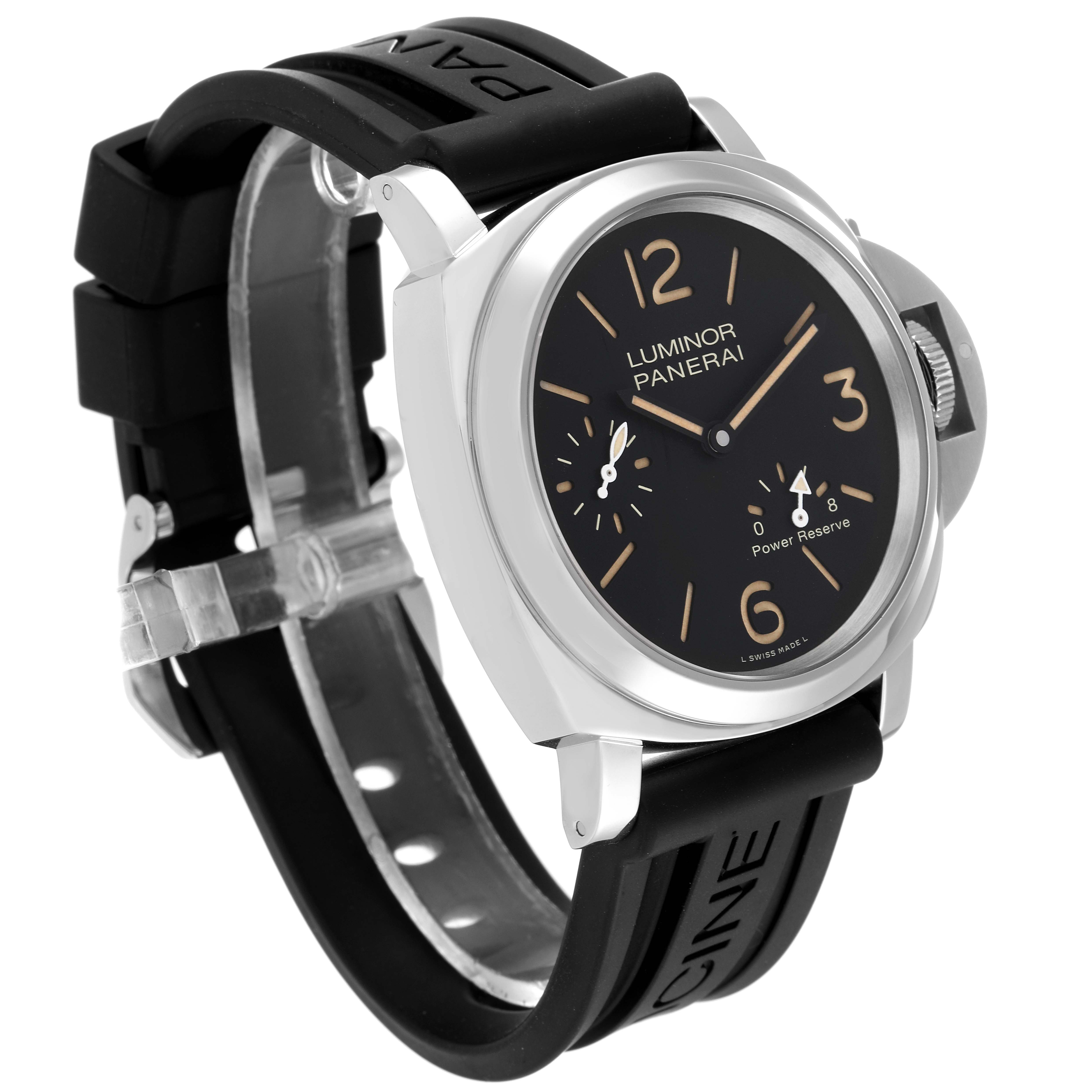 The image shows a Panerai Luminor PAM00795 Men
s Stainless Steel Black Dial PAM00795 Men
s Stainless Steel Black Dial watch at a three-quarter angle, highlighting the dial, case, crown guard, and rubber strap.