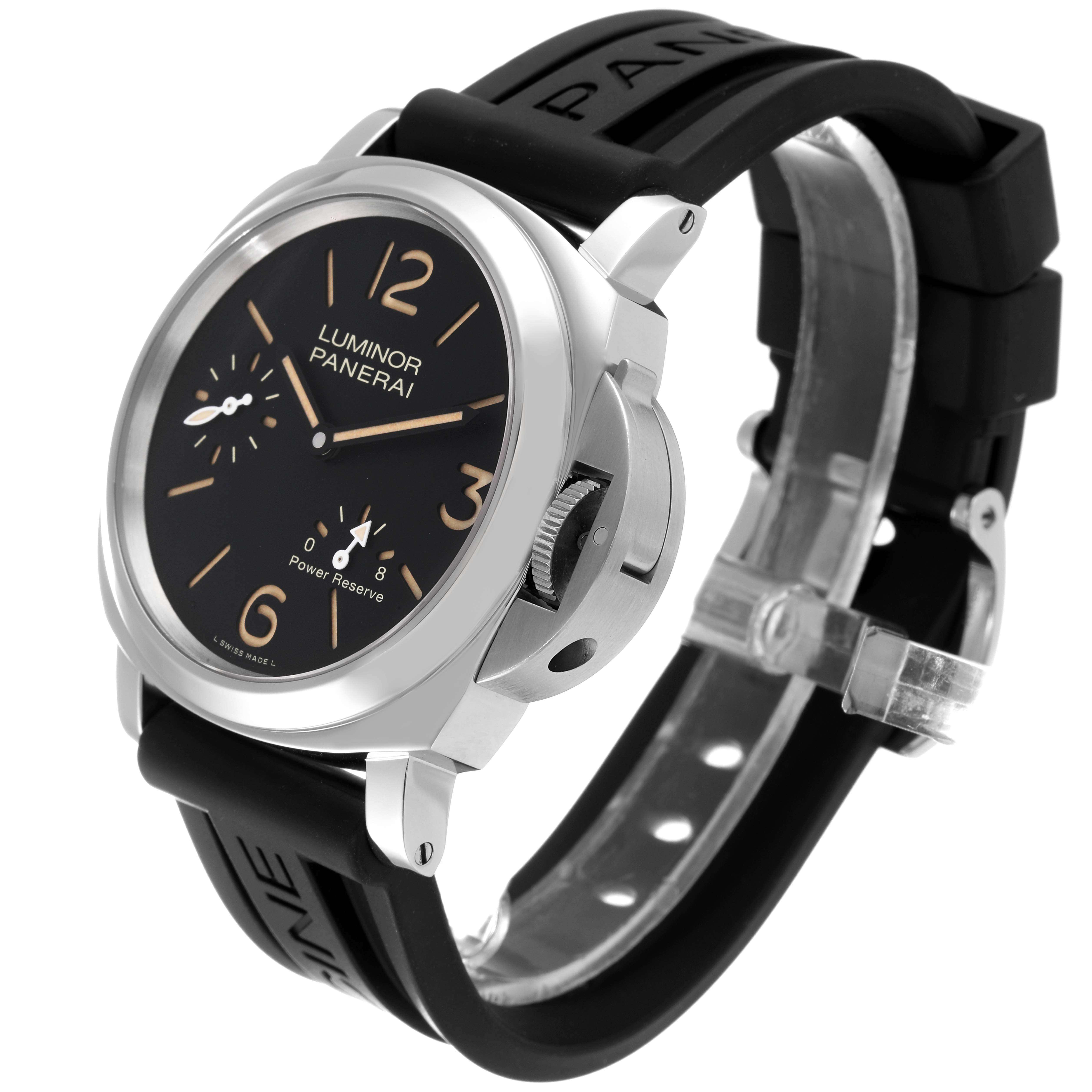 The image shows a Panerai Luminor PAM00795 Men
s Stainless Steel Black Dial PAM00795 Men
s Stainless Steel Black Dial watch from a front angle, highlighting the dial, strap, and crown guard.