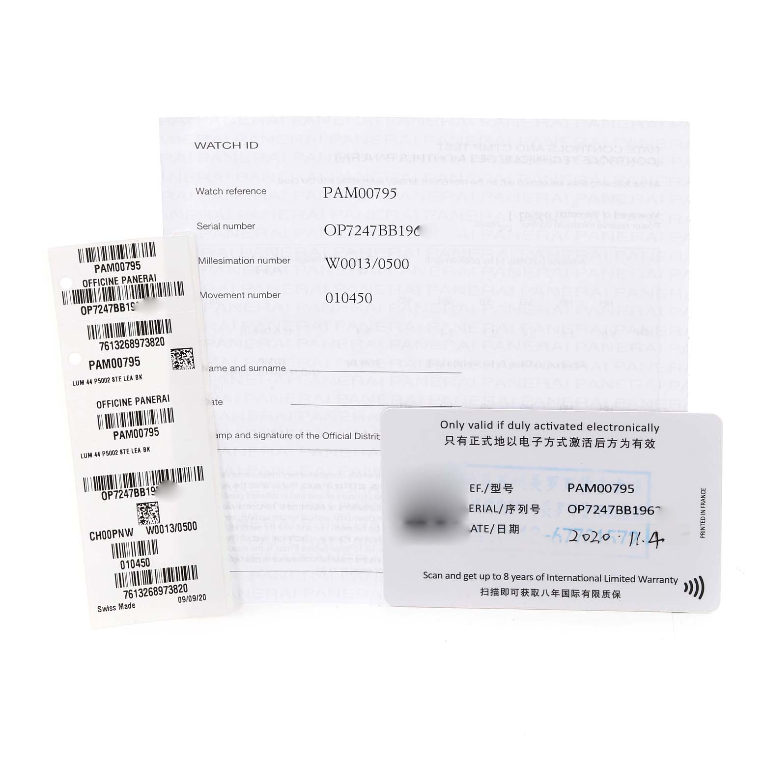 The image shows the warranty card, serial number sticker, and documentation for a Panerai Luminor PAM00795 Men
s Stainless Steel Black Dial PAM00795 Men
s Stainless Steel Black Dial model PAM00795 watch.