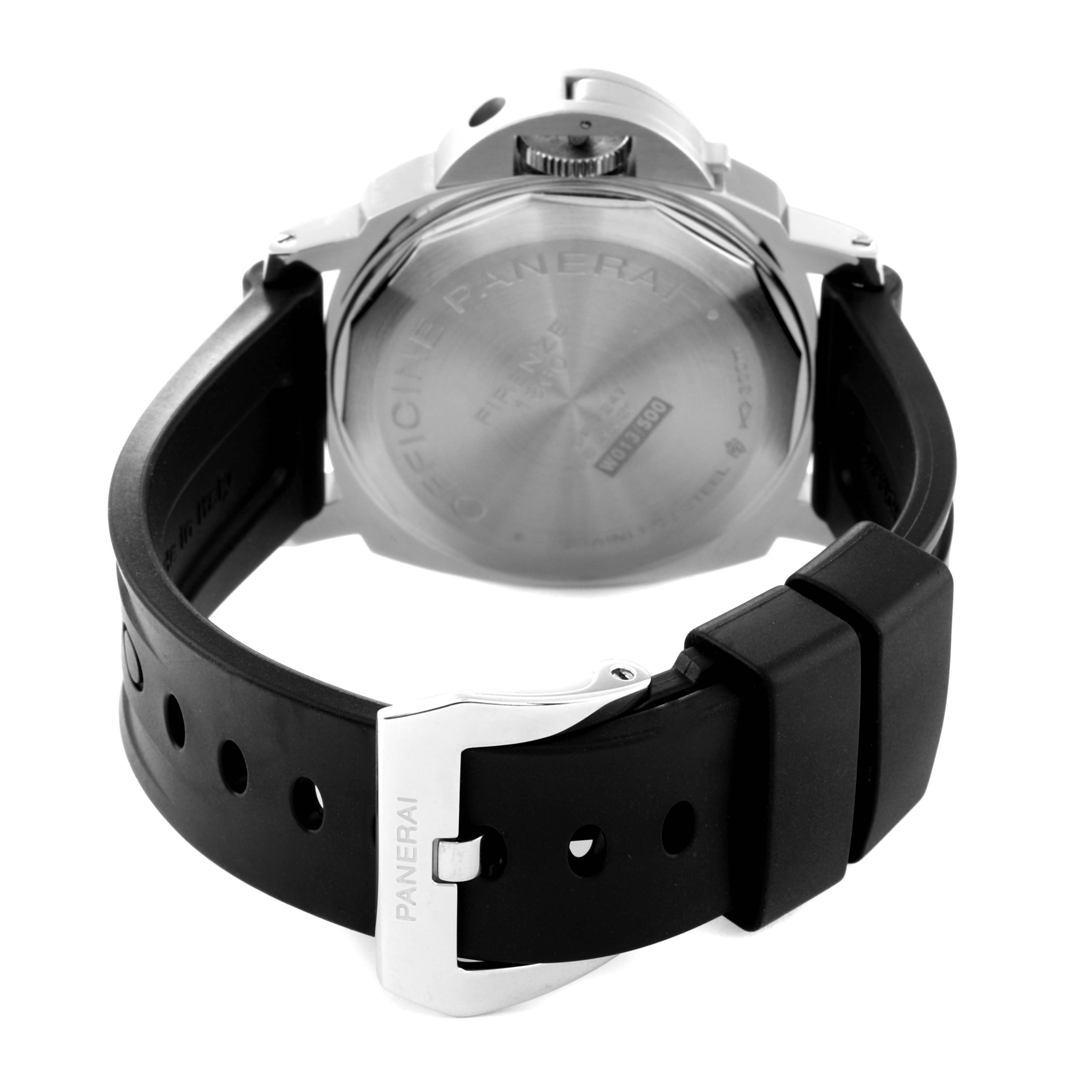 The image shows the back view of a Panerai Luminor PAM00795 Men
s Stainless Steel Black Dial PAM00795 Men
s Stainless Steel Black Dial watch with its metal case back and black rubber strap.