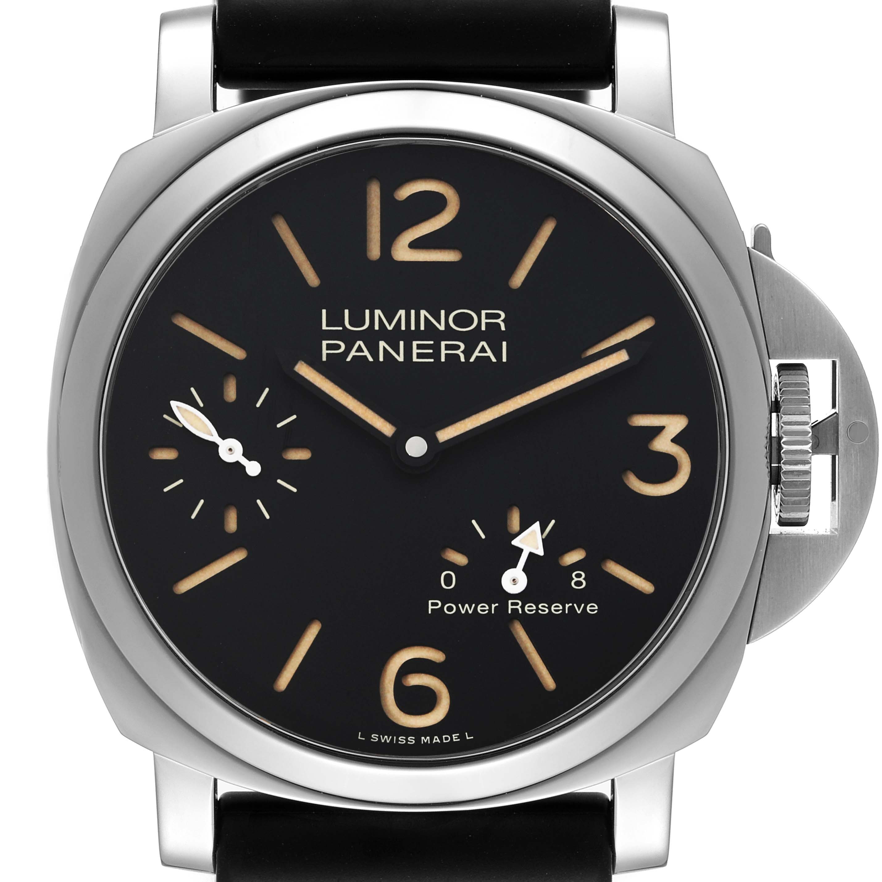 The image shows a front view of the Panerai Luminor PAM00795 Men
s Stainless Steel Black Dial PAM00795 Men
s Stainless Steel Black Dial watch, highlighting the dial, crown guard, and power reserve indicator.