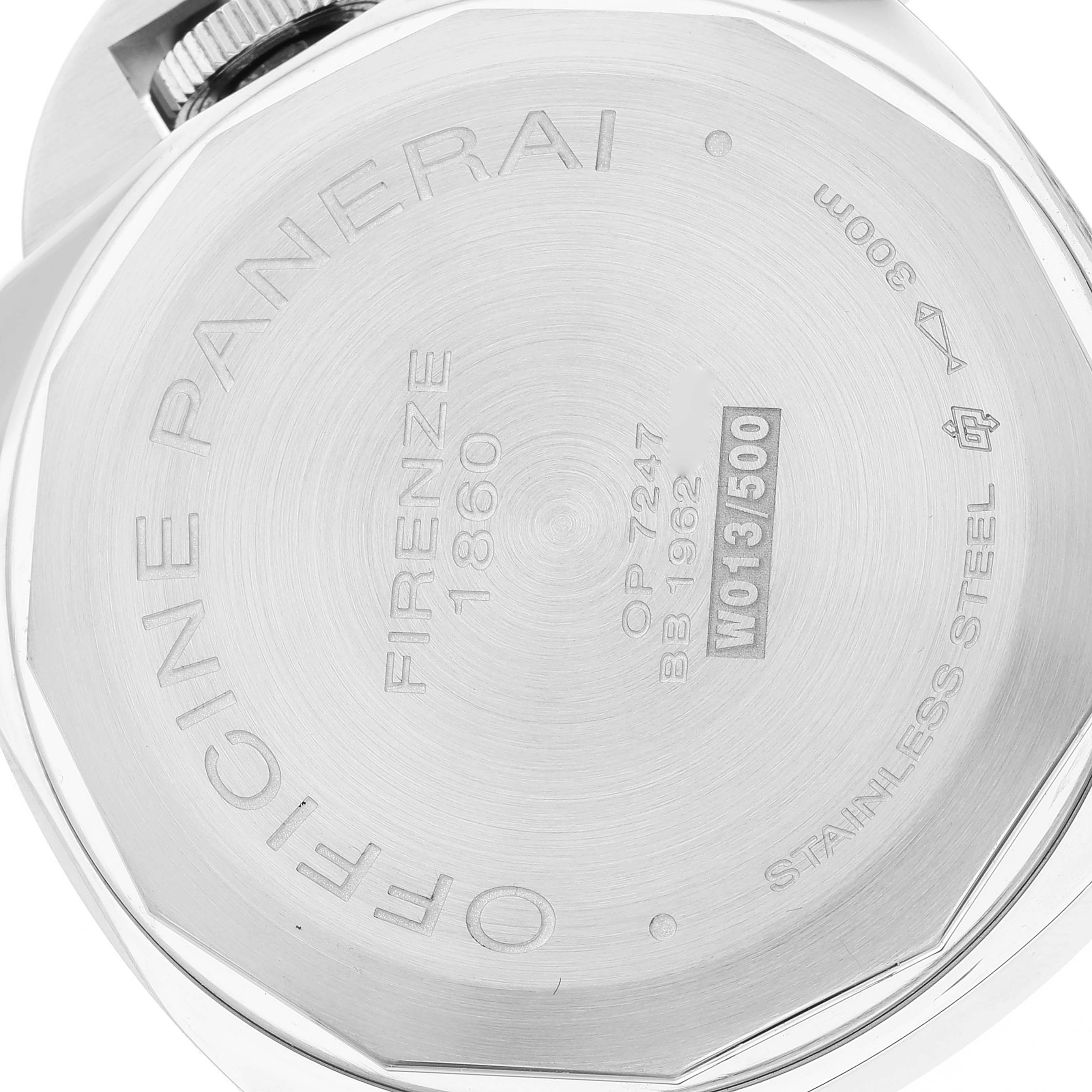 The image shows the back of a Panerai Luminor PAM00795 Men
s Stainless Steel Black Dial PAM00795 Men
s Stainless Steel Black Dial watch, featuring engravings and a stainless steel case.