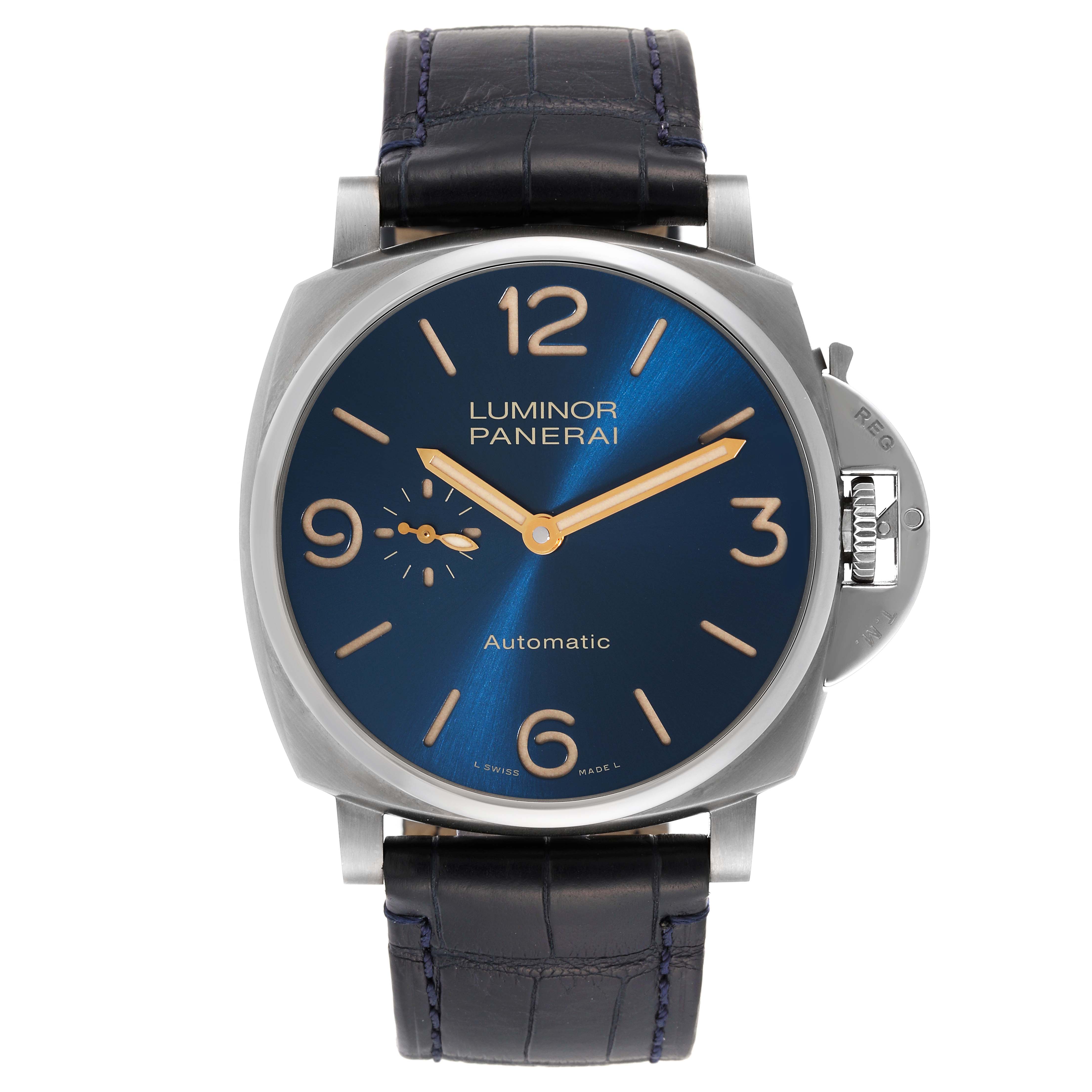 The image shows a front view of a Panerai Luminor Due PAM00729 Men's Titanium Blue Dial PAM00729 Men's Titanium Blue Dial watch, highlighting its blue dial, numerals, and leather strap.