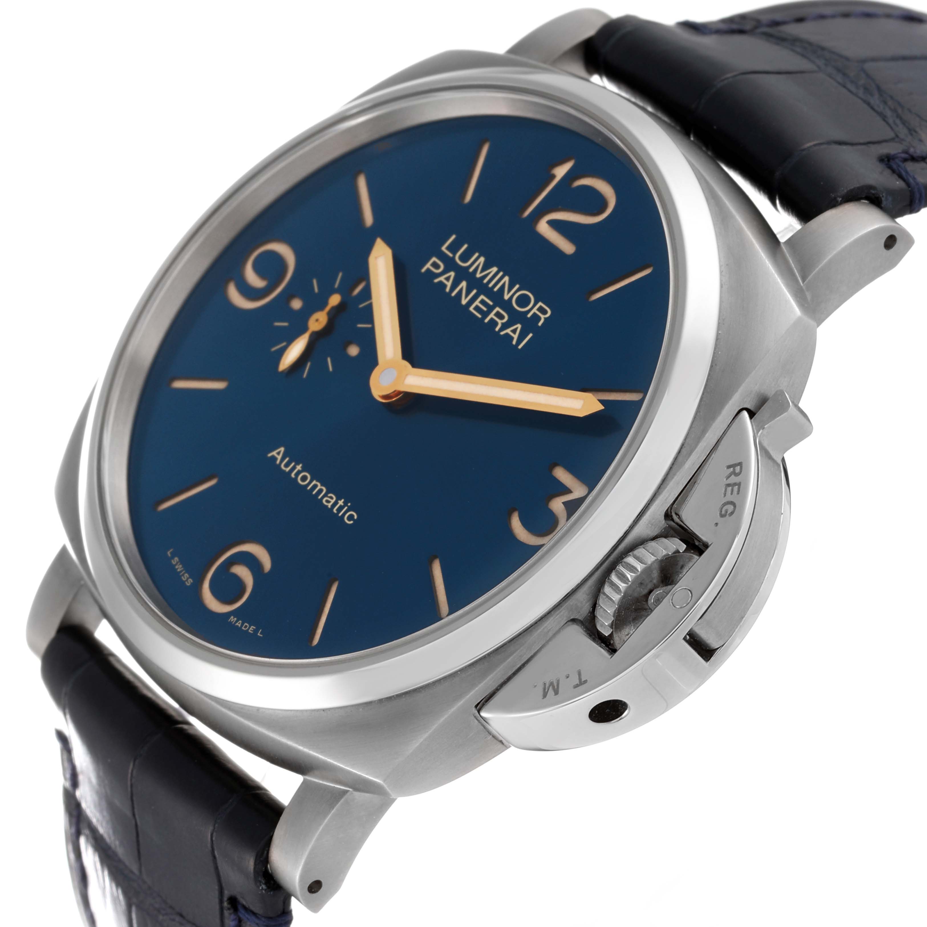 The image shows a close-up, angled view of the Panerai Luminor Due PAM00729 Men's Titanium Blue Dial PAM00729 Men's Titanium Blue Dial watch, highlighting its blue dial and crown guard.
