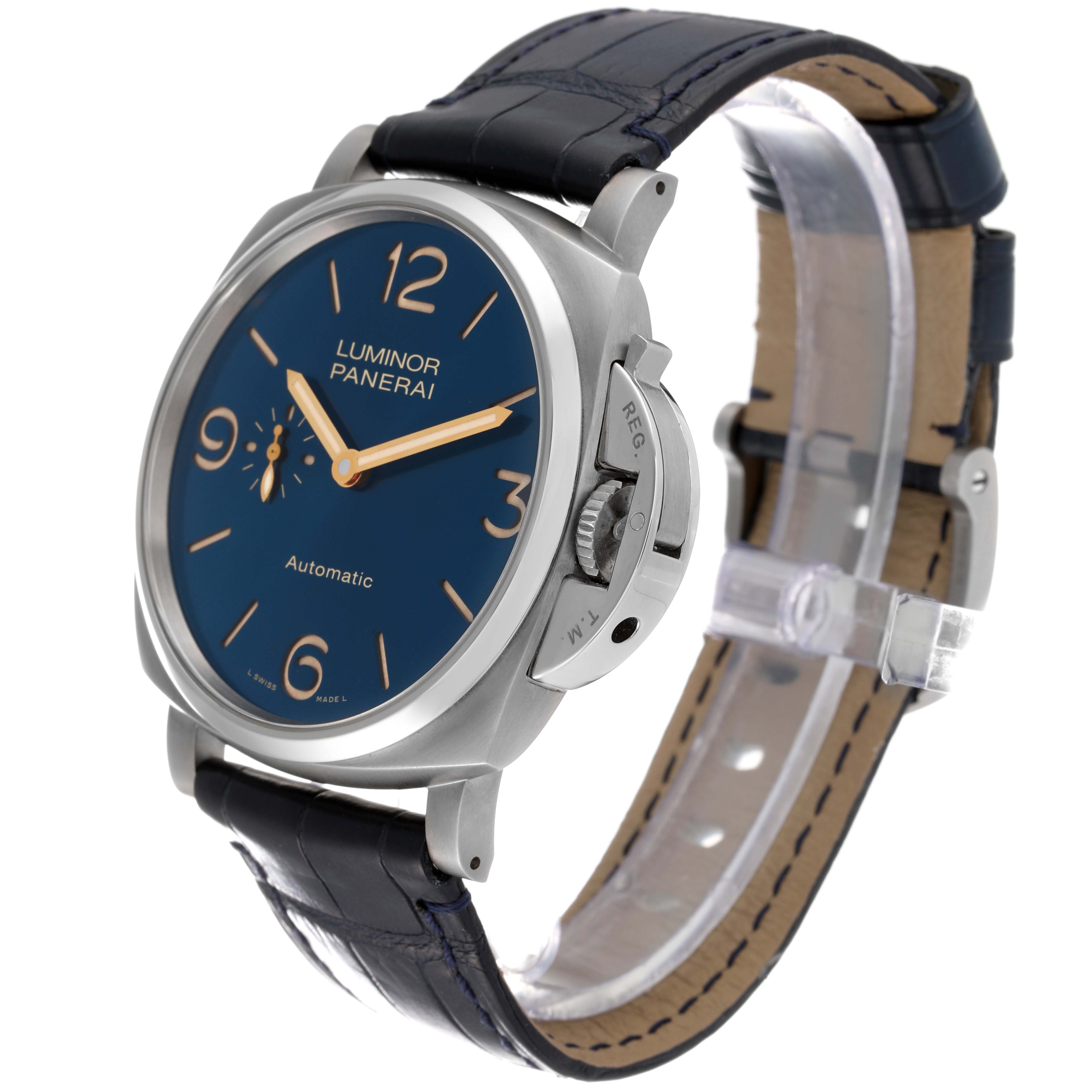 The image shows a side angle of the Panerai Luminor Due PAM00729 Men's Titanium Blue Dial PAM00729 Men's Titanium Blue Dial watch, highlighting its blue dial and leather strap.