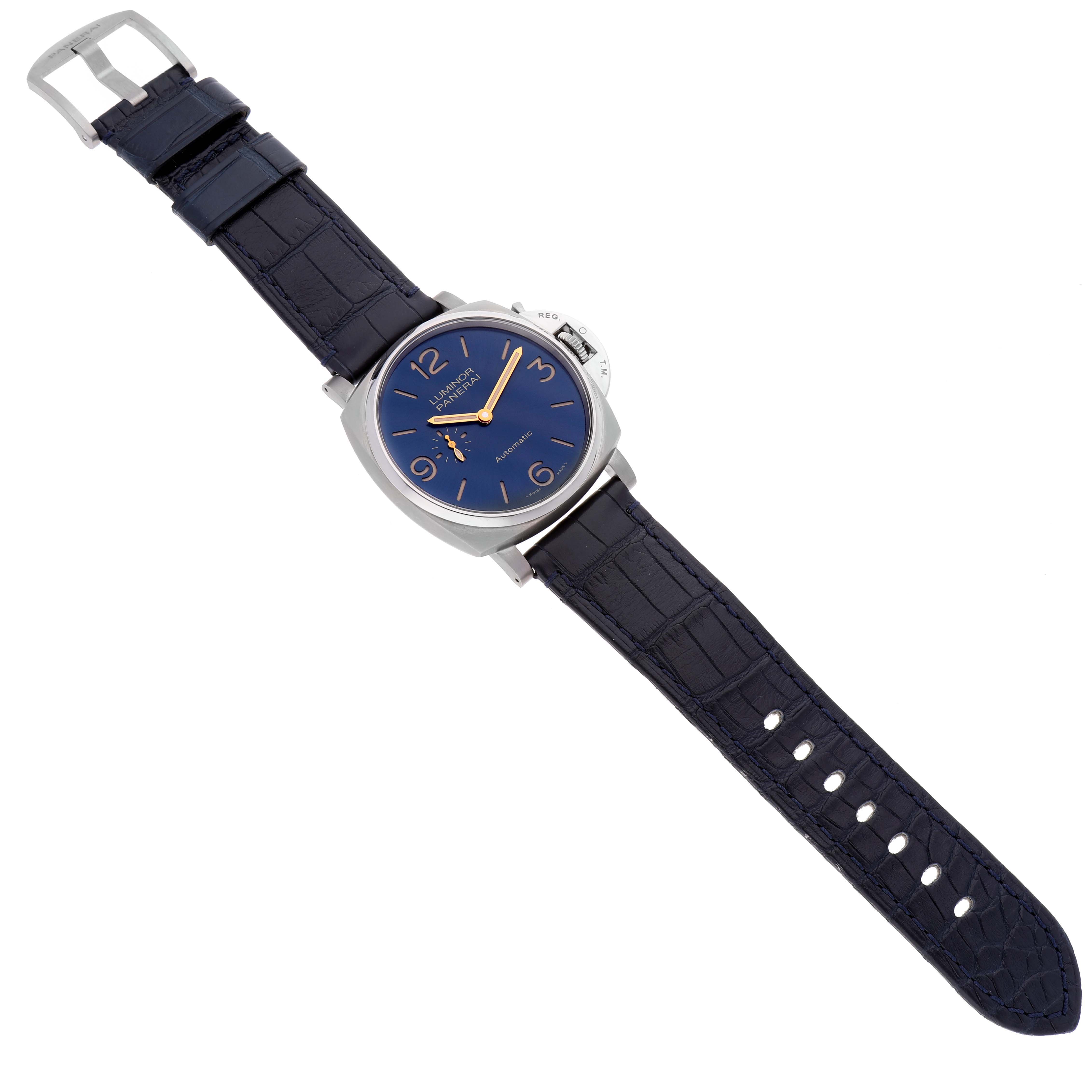 The image shows a full front view of a Panerai Luminor Due PAM00729 Men's Titanium Blue Dial PAM00729 Men's Titanium Blue Dial watch with a blue dial and leather strap.