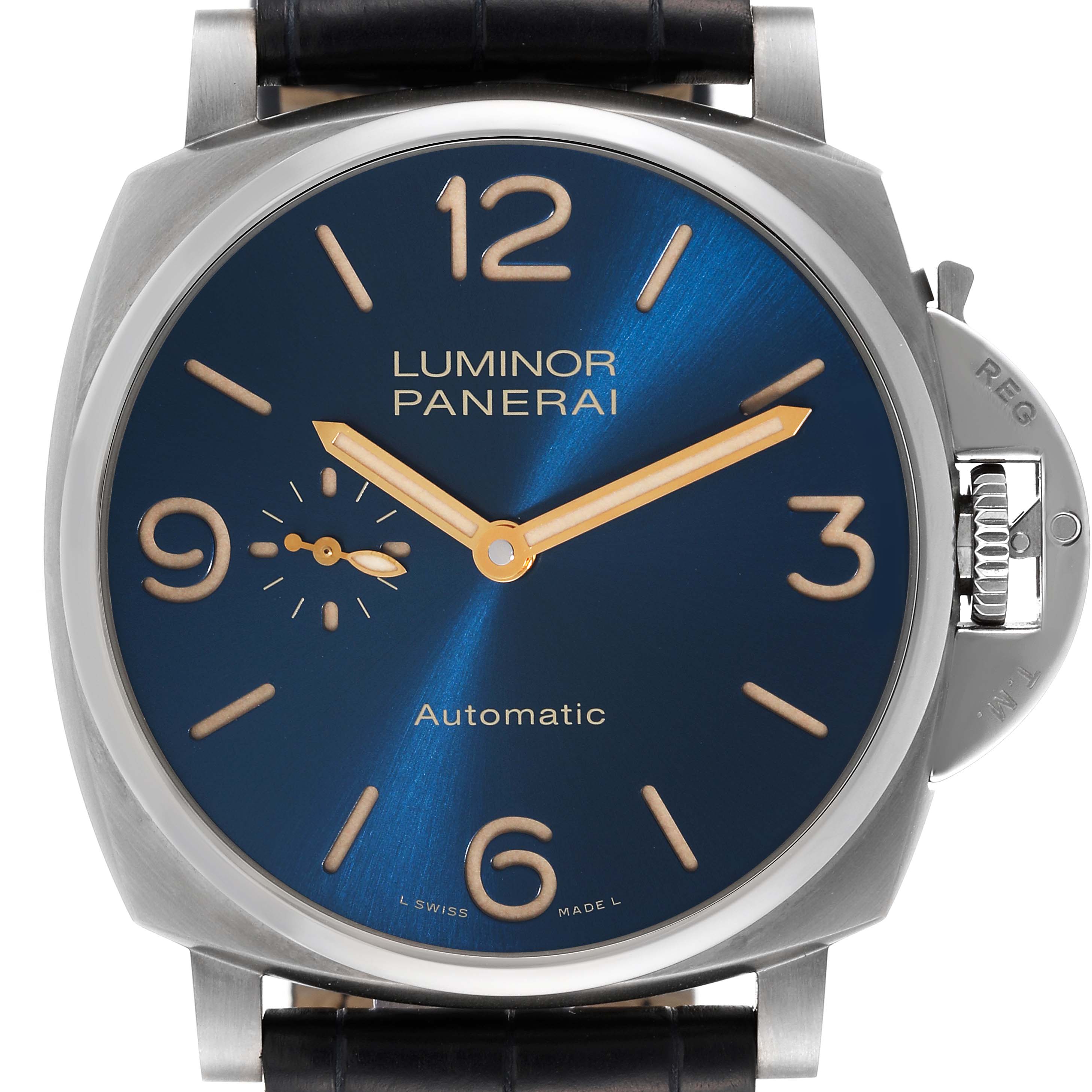 The image shows a frontal view of a Panerai Luminor Due PAM00729 Men's Titanium Blue Dial PAM00729 Men's Titanium Blue Dial watch, highlighting its blue dial, numerals, and crown guard.