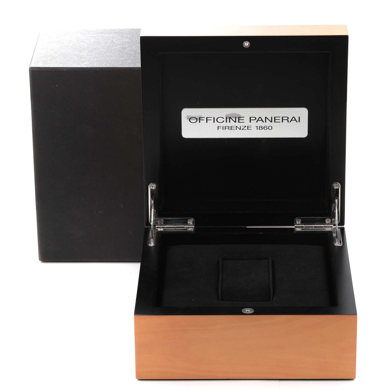 The image shows an open watch box for the Panerai Luminor Due PAM00729 Men's Titanium Blue Dial PAM00729 Men's Titanium Blue Dial model, displaying the interior padding and hinges.